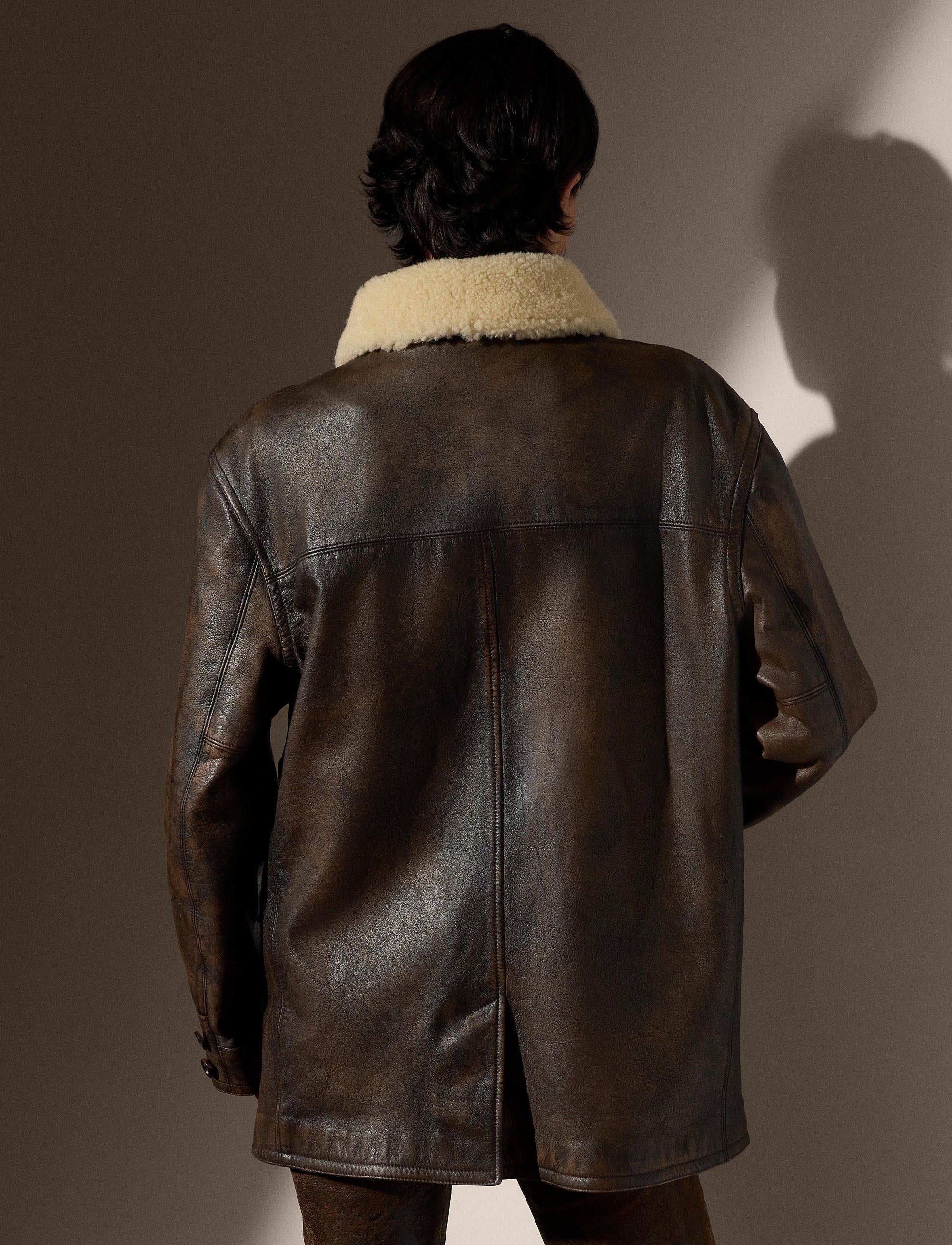 Manteau Cooper en peau lainée et cuir - Vintage Brown