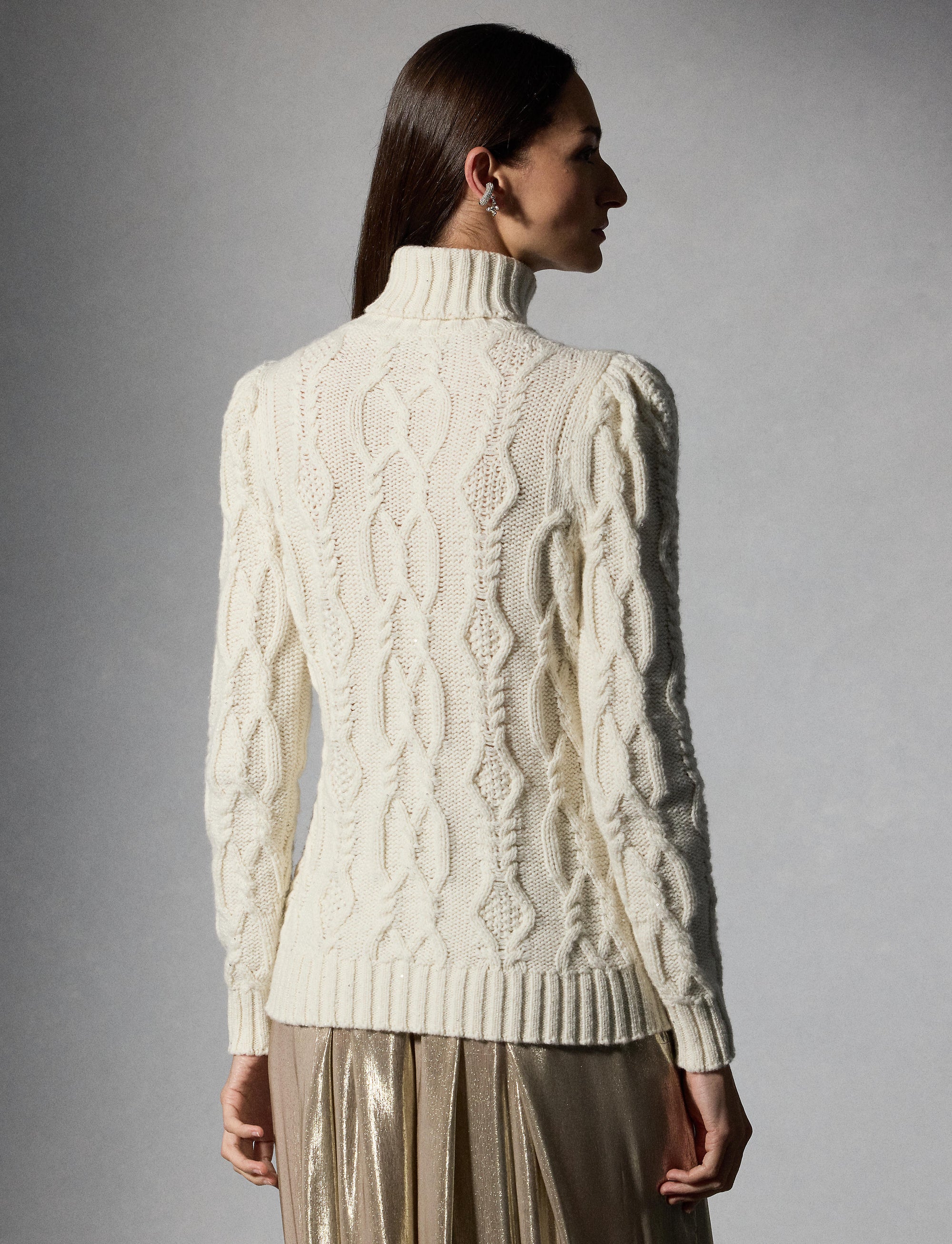 Aran sequin turtleneck roll-neck jumper in wool and cashmere blend - Classic Cream