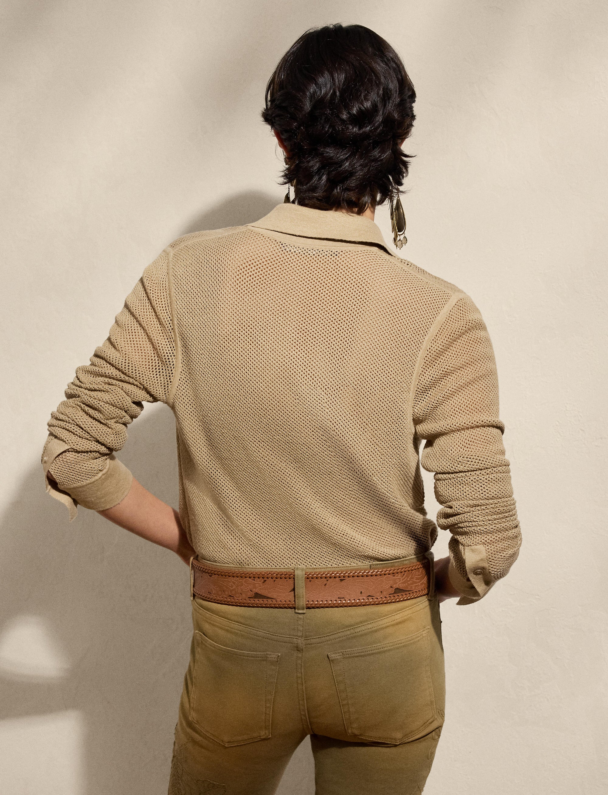 Pull-chemise en lin piqué mélangé - Lux Tan