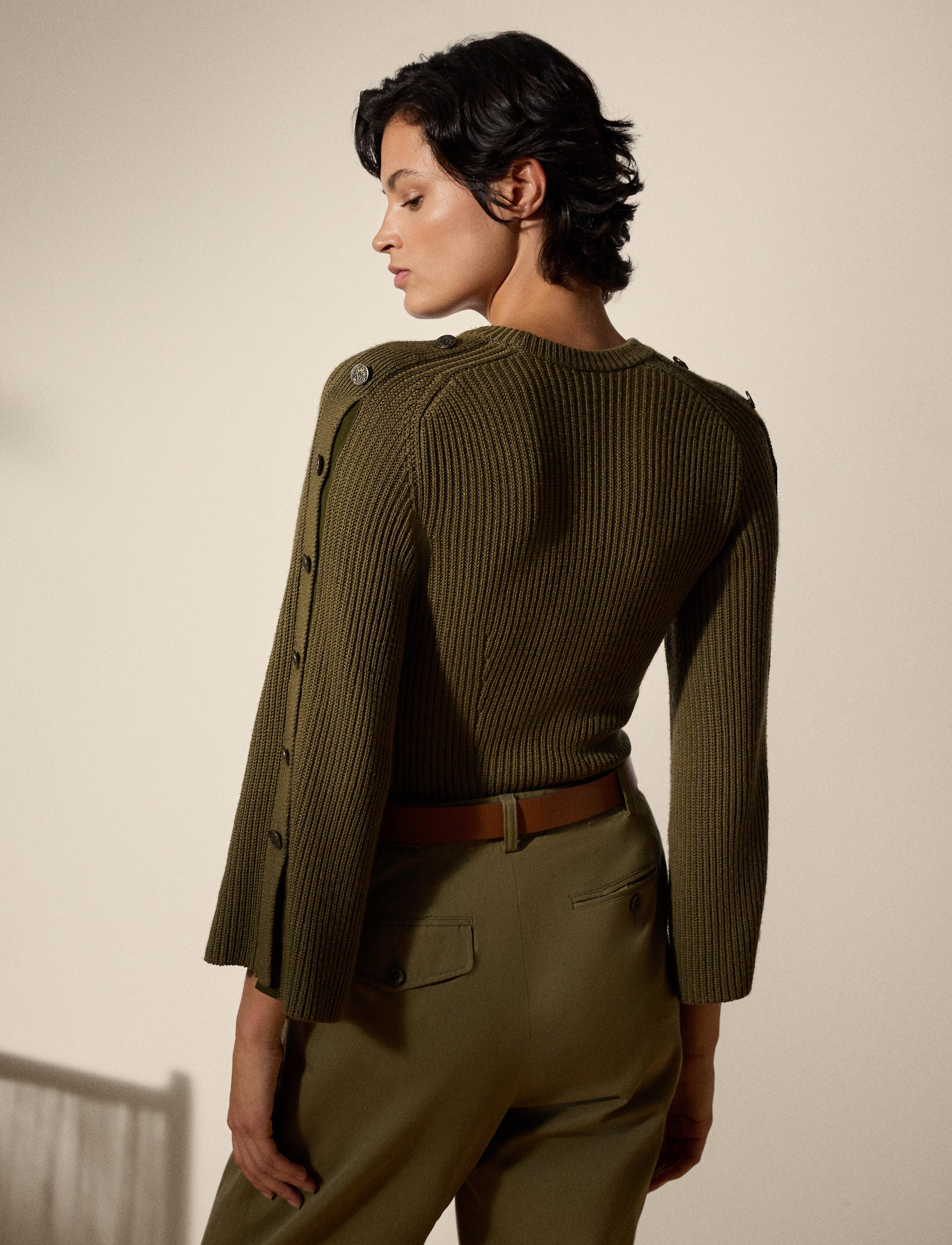 Pull côtelé boutonné en laine et soie - Moss