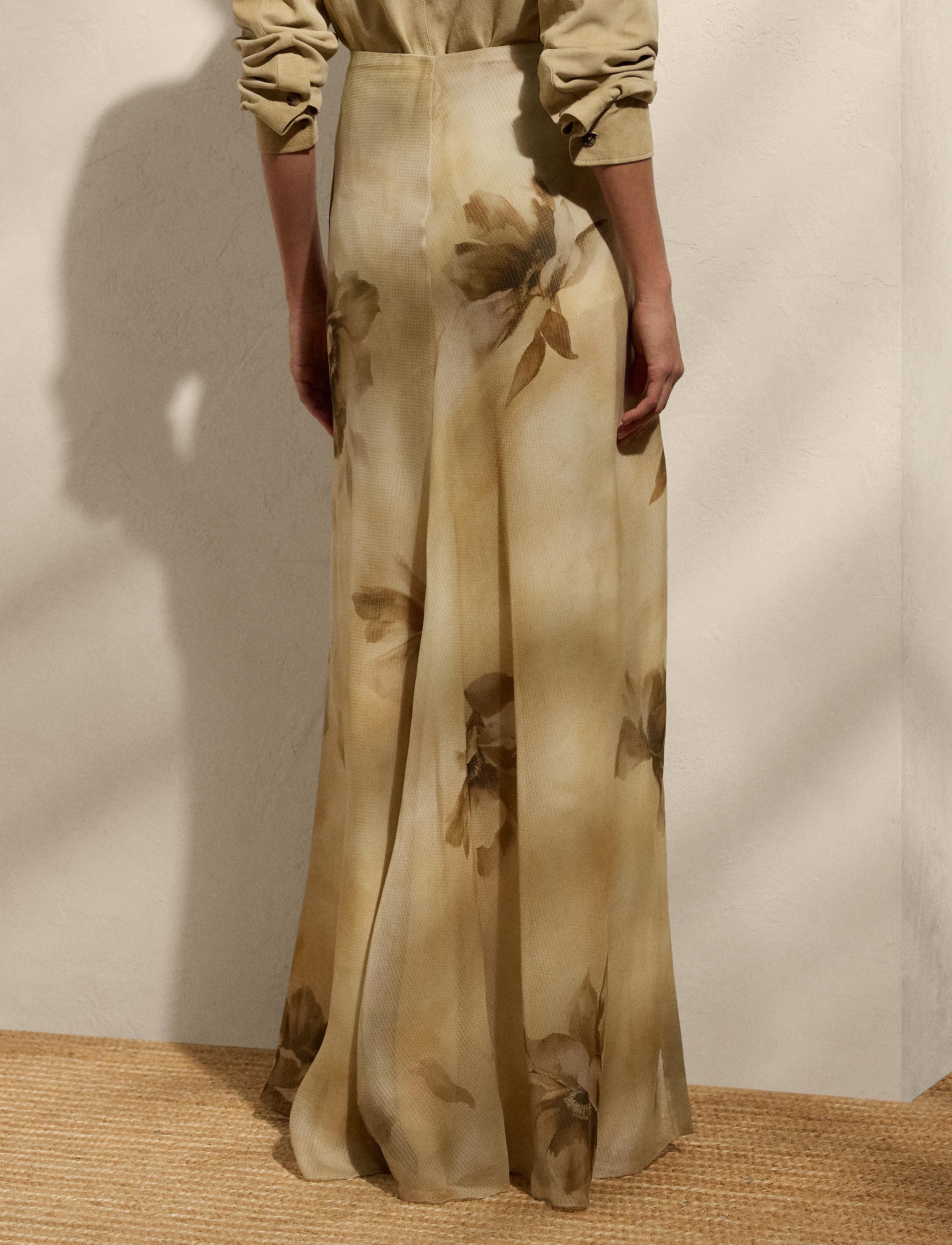 Maxi jupe Odera fleurie en gaze de soie - Tan & Multicolore