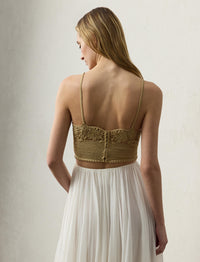 Brassière crochetée main en soie fleurie - Light Sand