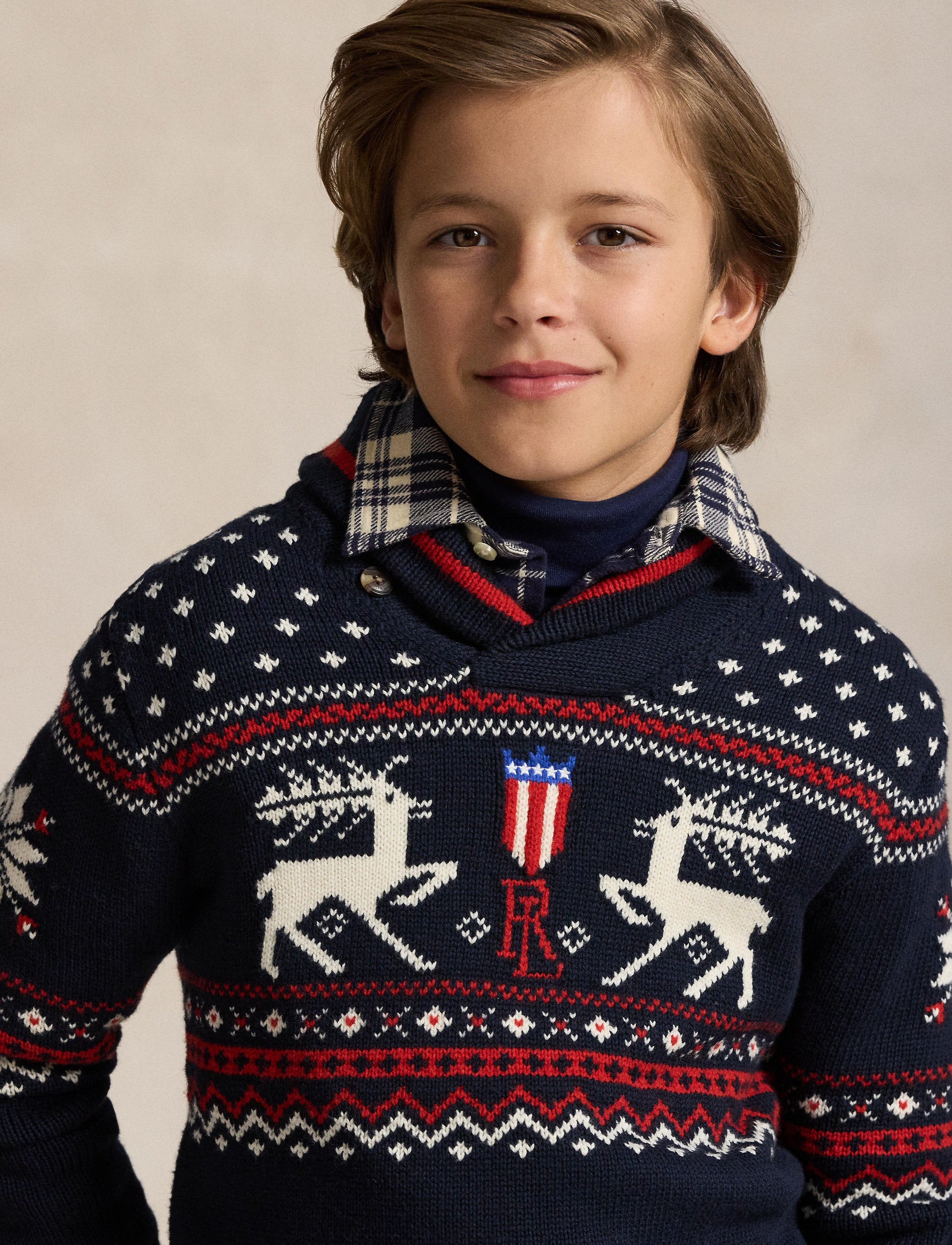 Reindeer shawl collar jumper - Navy Combo