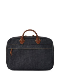 Leather-trimmed denim briefcase - Indigo