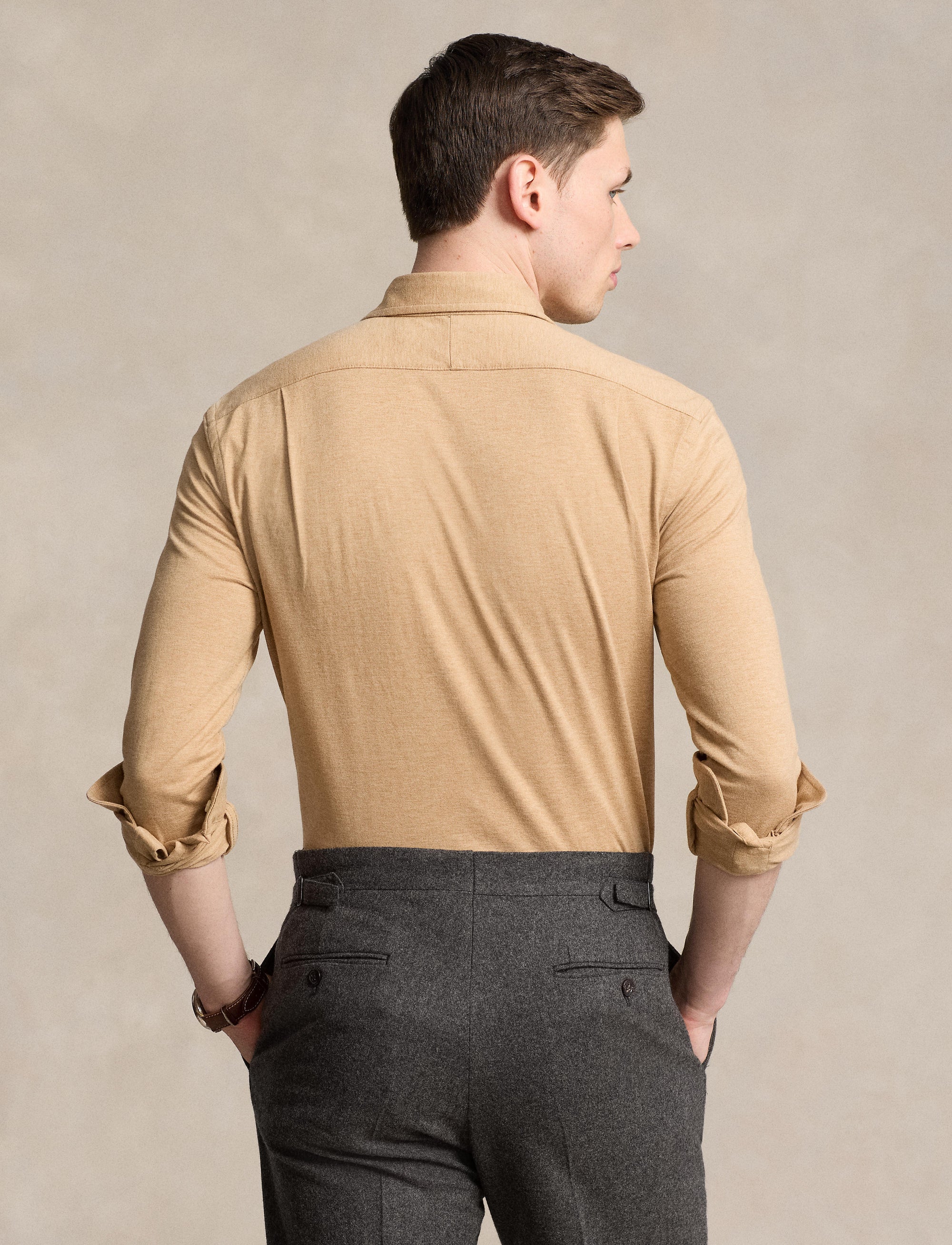 Chemise à col évasé en jersey  - Classic Camel Hthr
