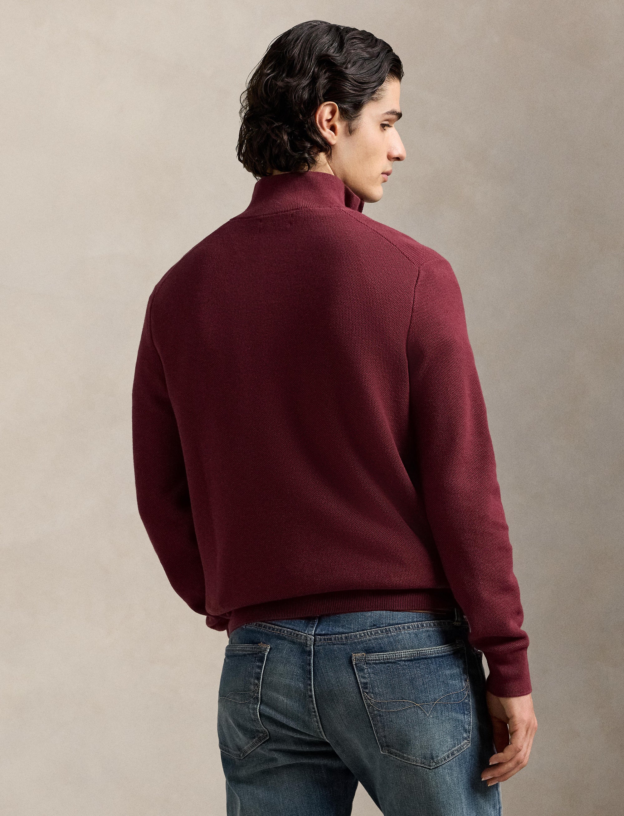 Pull demi-zippé en coton piqué - Red Wine
