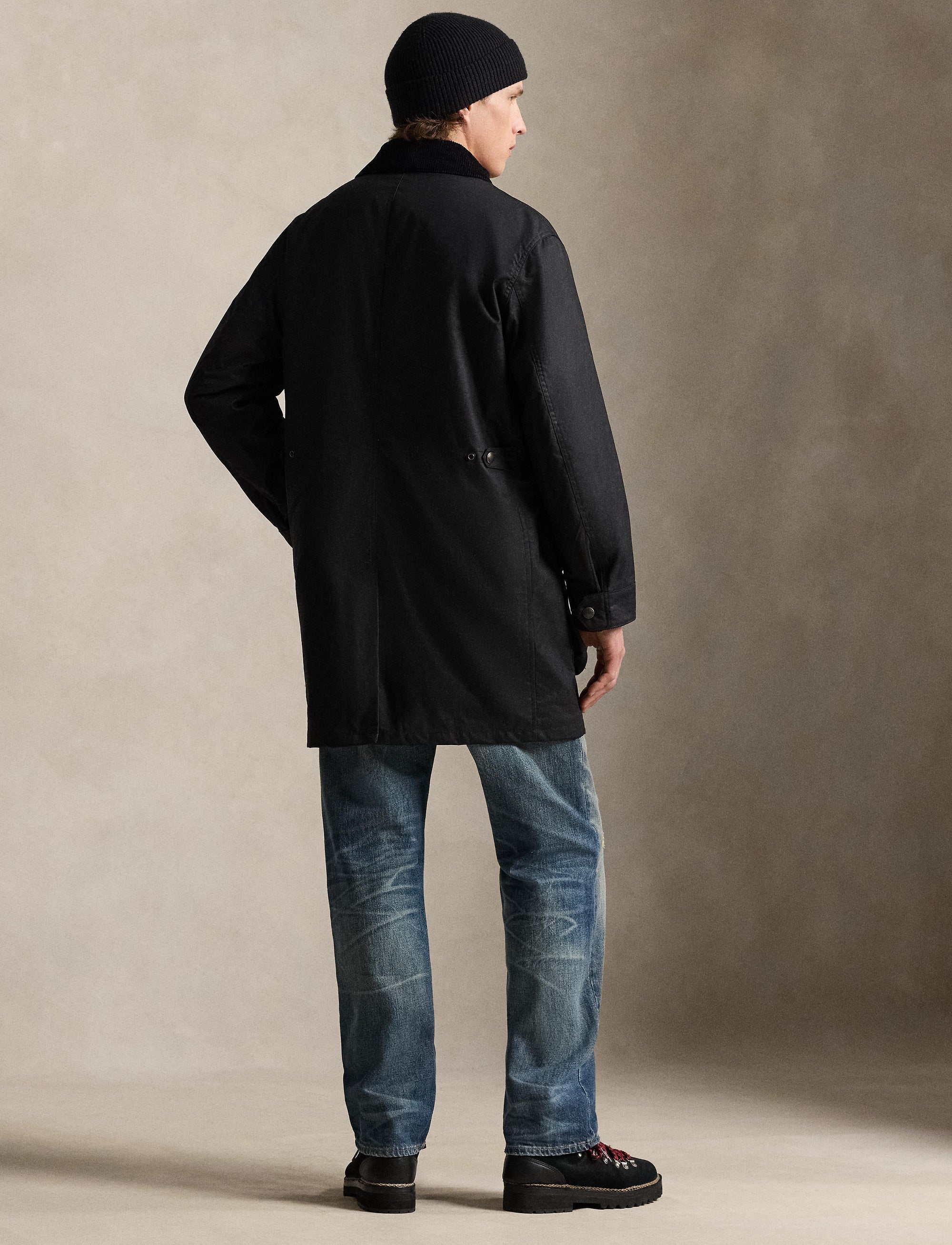 Emblematic three-quarter length waxed canvas coat - Polo Black