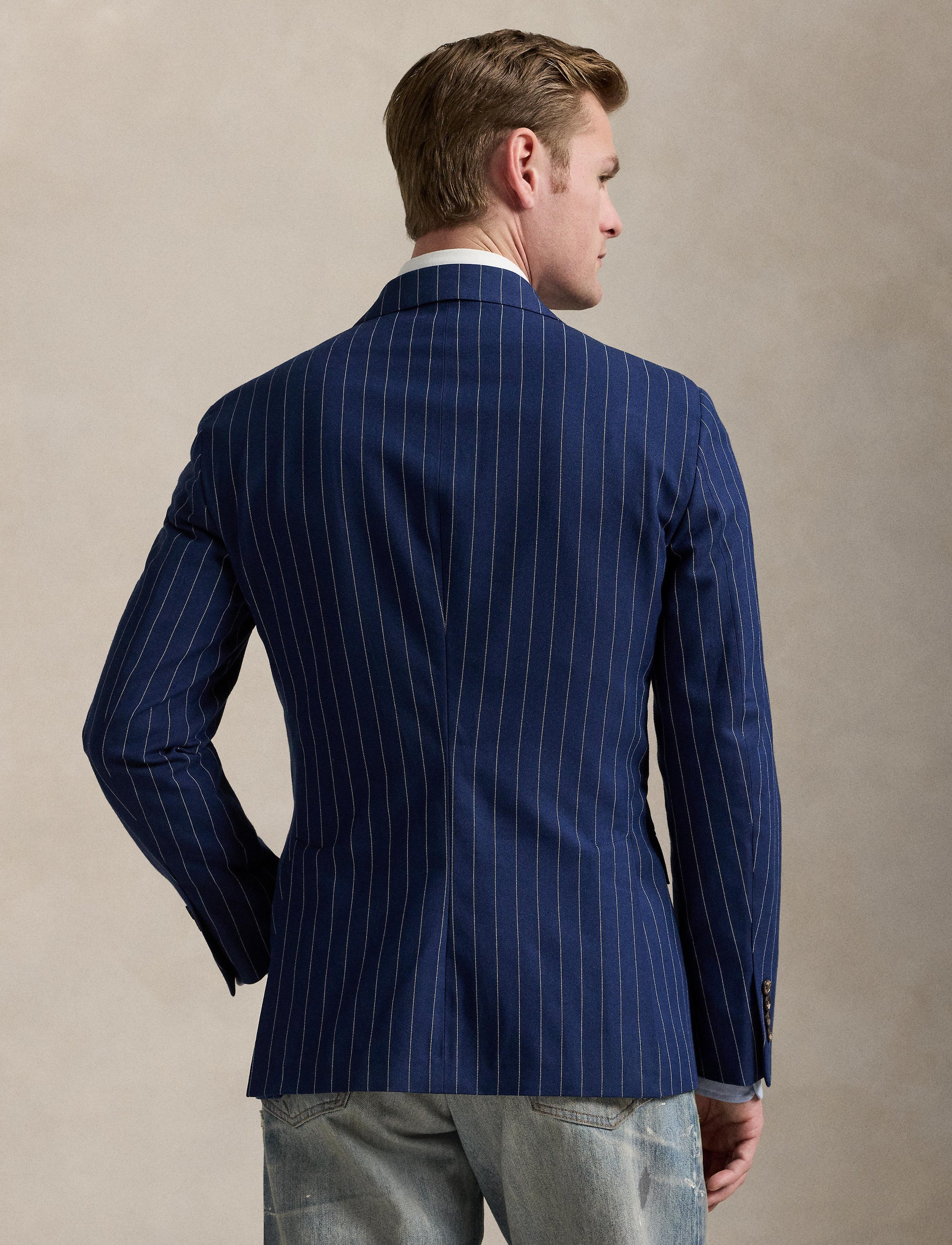Veste de costume Polo ajustée à rayures en soie mélangée - Bright Navy & Cream