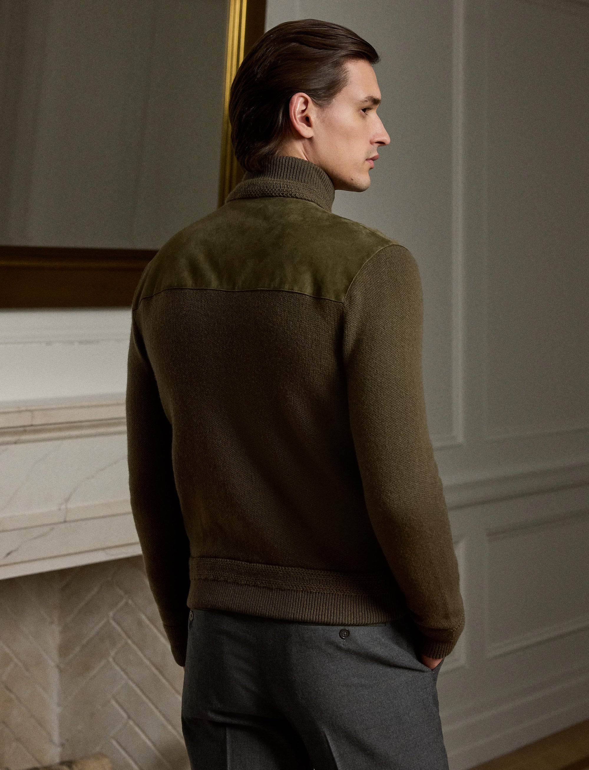 Cashmere and suede blend cardigan - Thicket Moss Melange