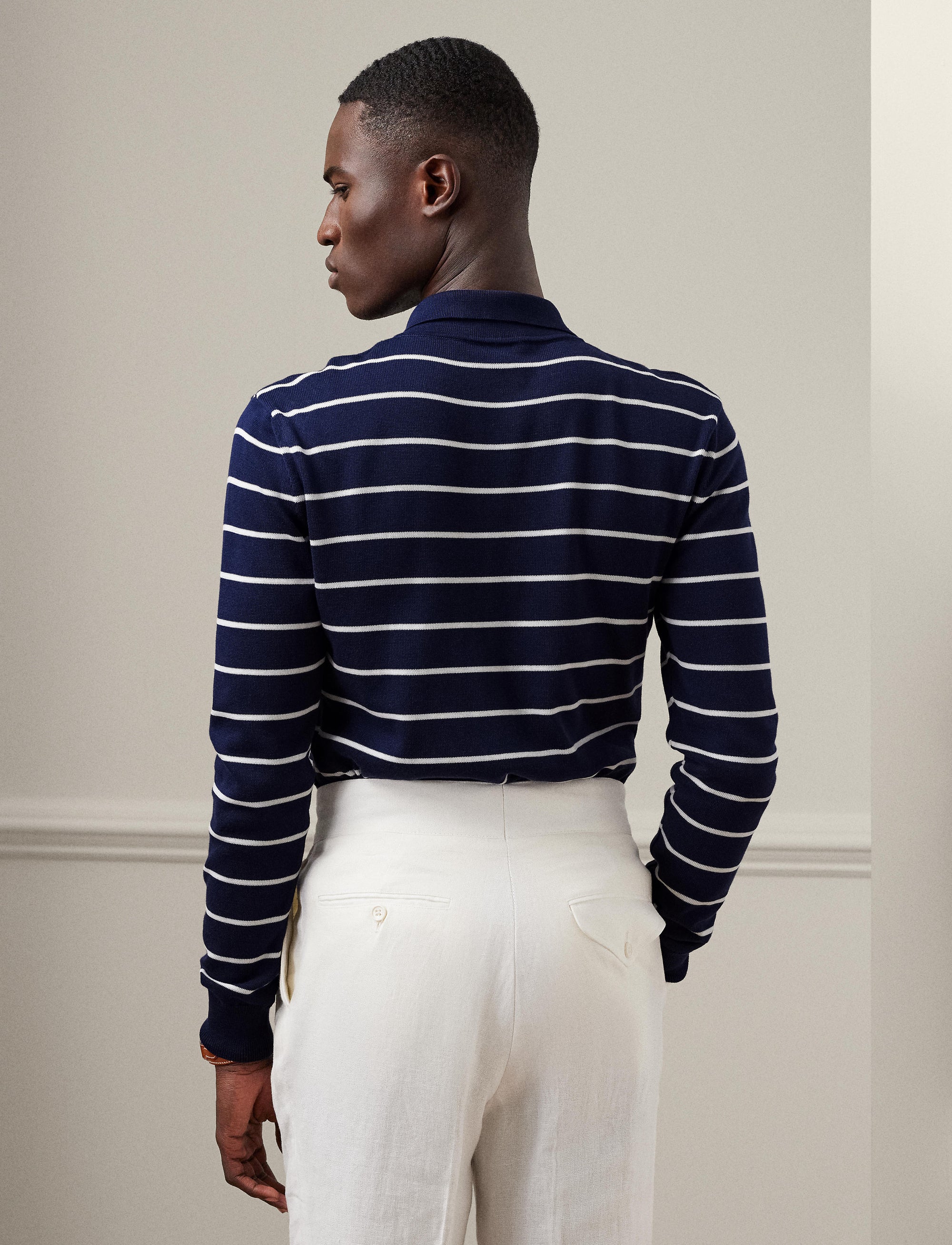 Pull rayé à col polo en coton - Spring Navy &  Optic White