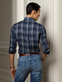 Tartan linen twill shirt - Indigo Blue
