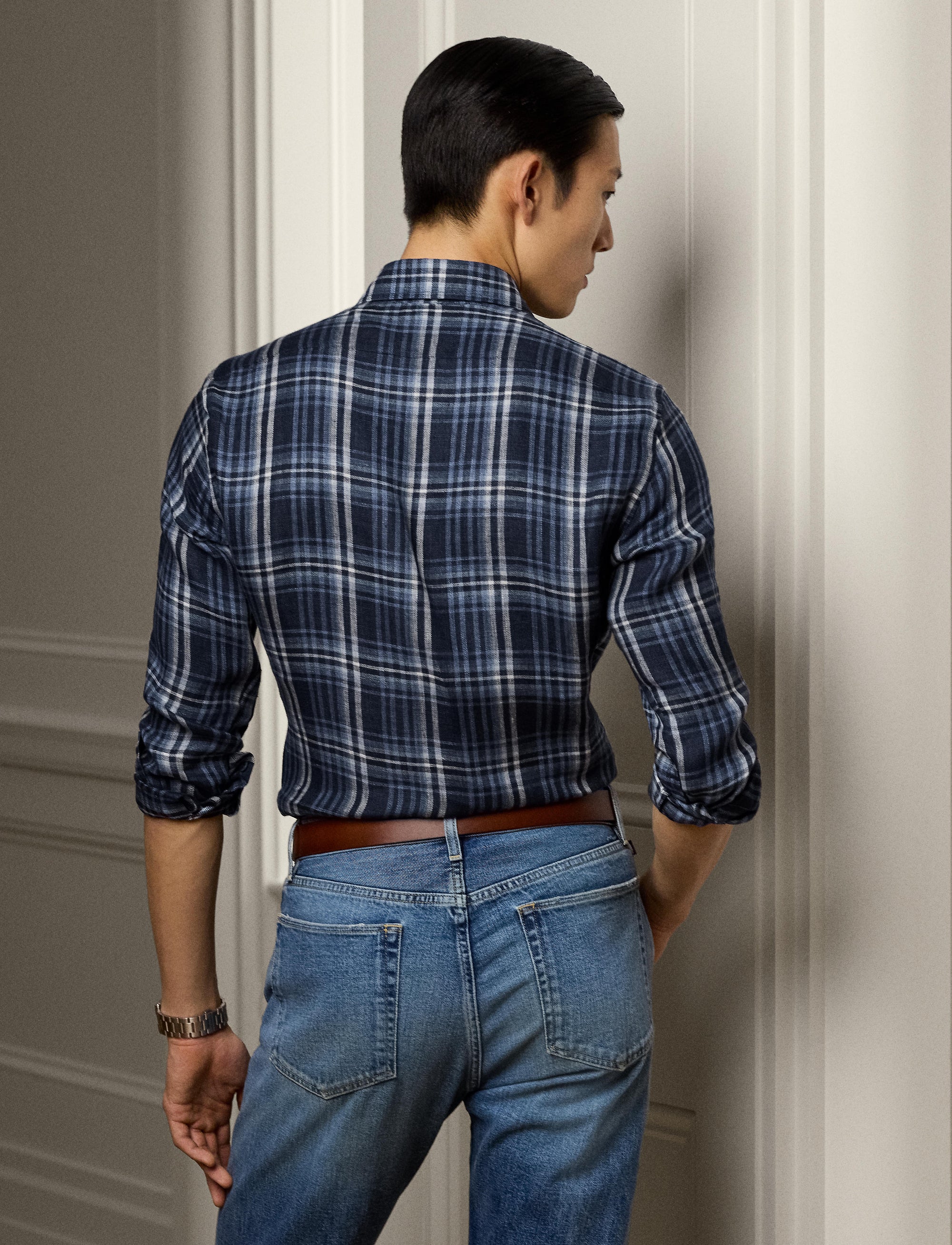 Tartan linen twill shirt - Indigo Blue