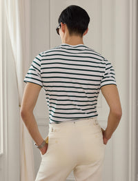 T-shirt rayé à col rond en fil d'Écosse - Classic, White & Multicolore