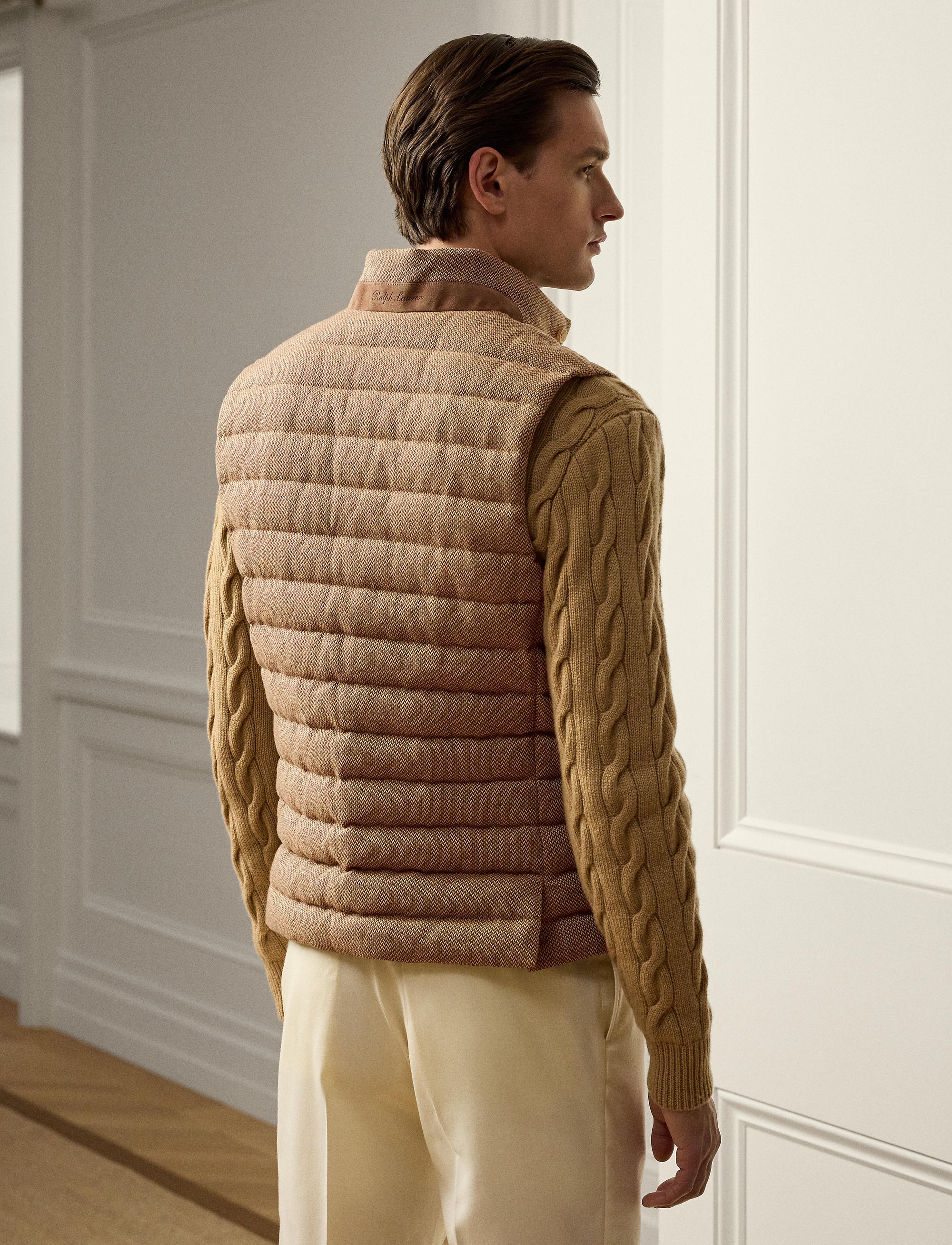 Gilet matelassé en laine et lin mélangé - Tan & Brown
