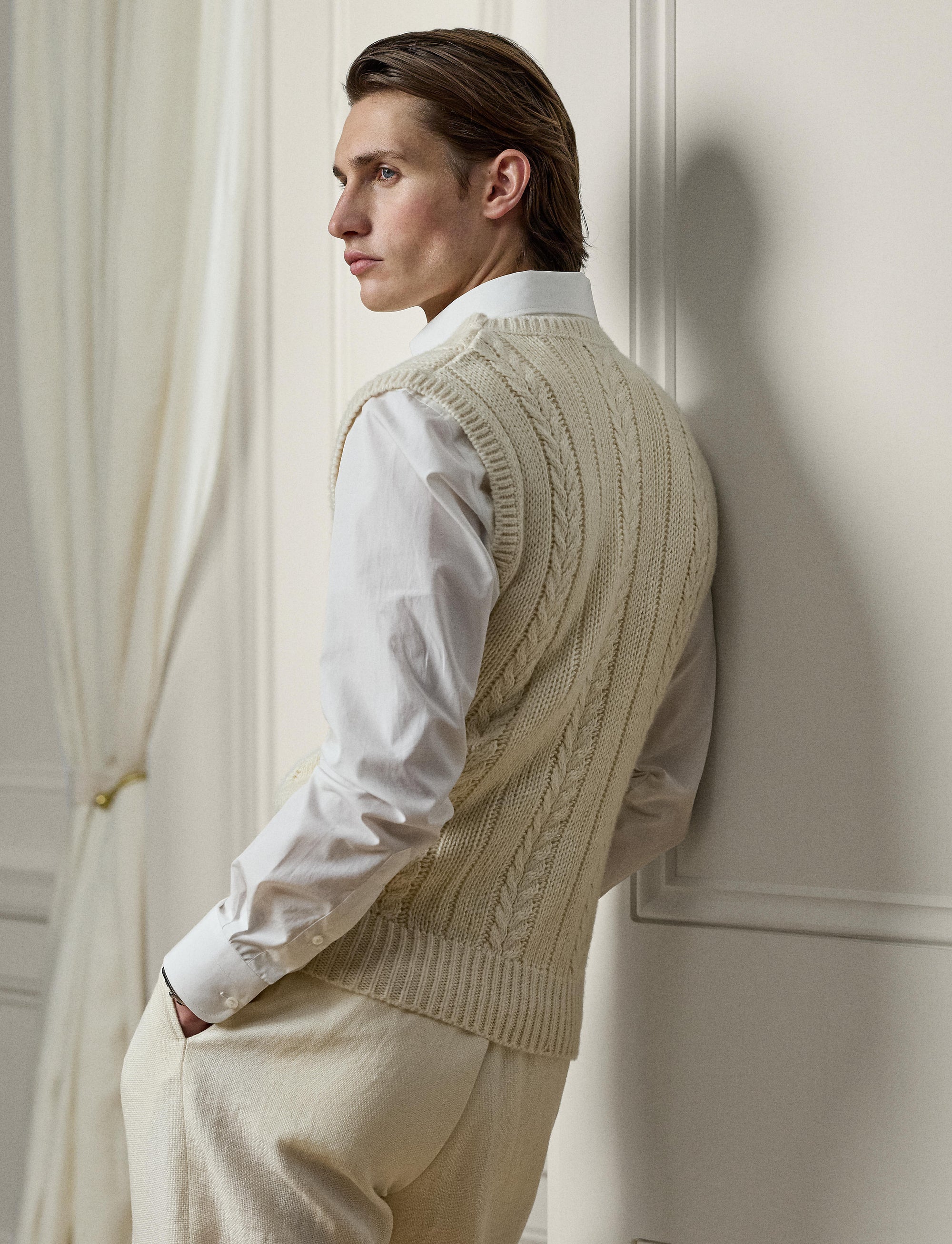 Cashmere and silk blend cable top - Limestone