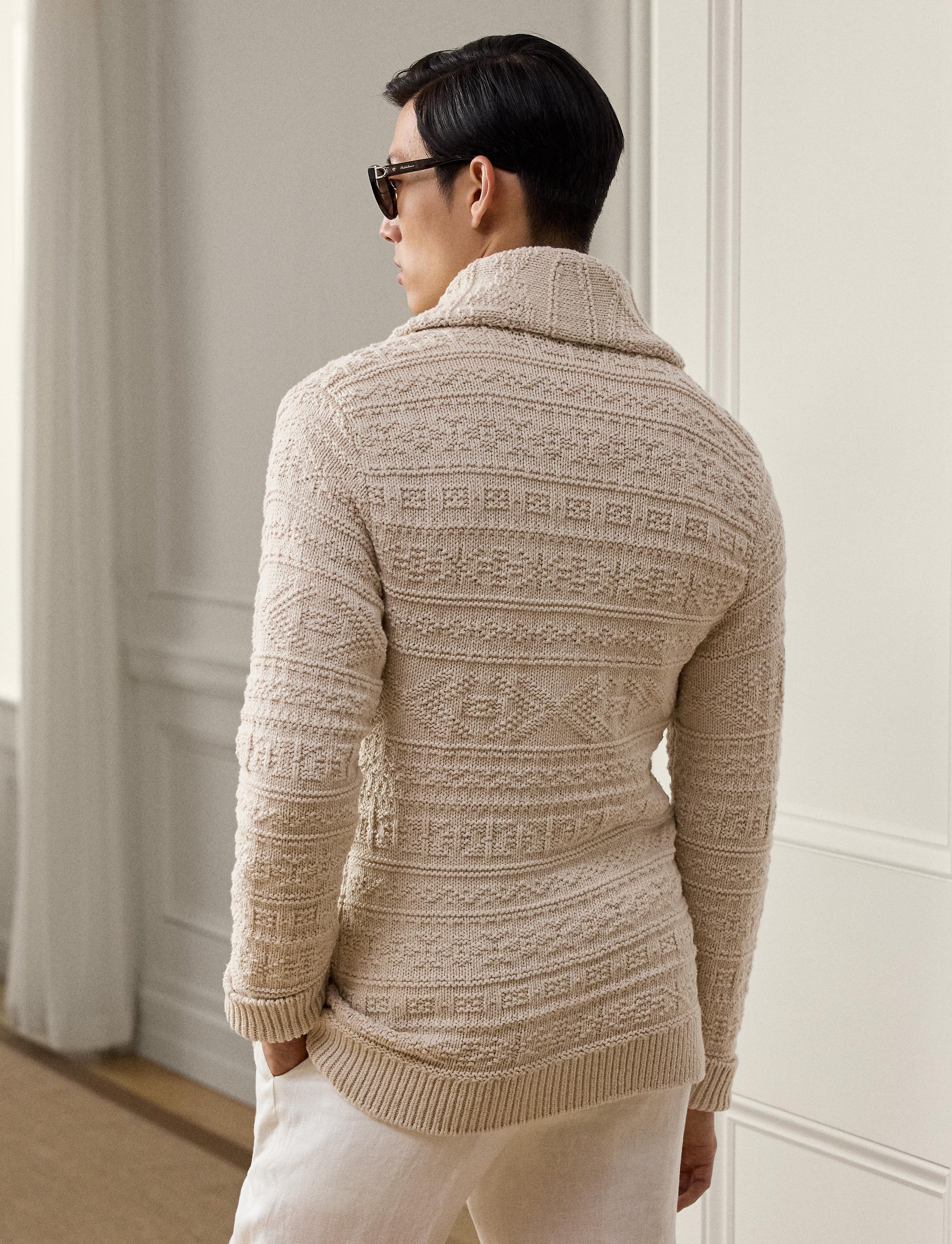 Cardigan ceinturé en coton et laine texturée - Limestone & Multicolore