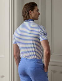 T-shirt rayé à col rond en fil d'Écosse - Deckwash White & Cornflower Blue