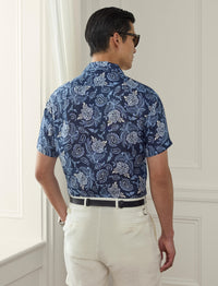 Chemise safari à motif  en lin - Navy Tonal