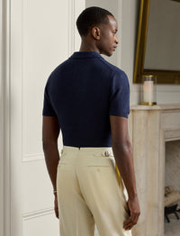 Pull texturé col polo en soie et lin mélangé - Classic Chairman Navy