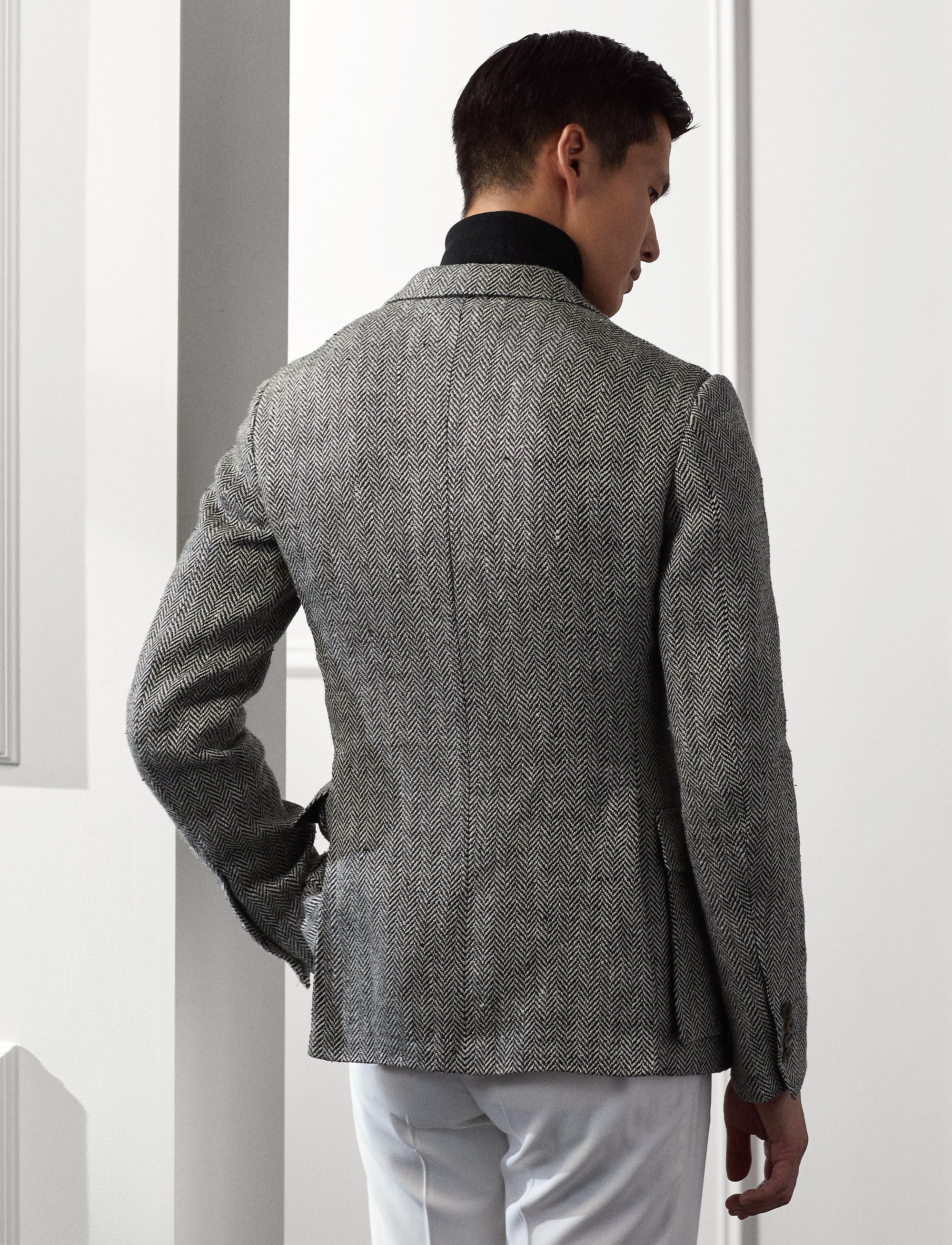Kent herringbone blazer in linen and silk blend - Cream & Black