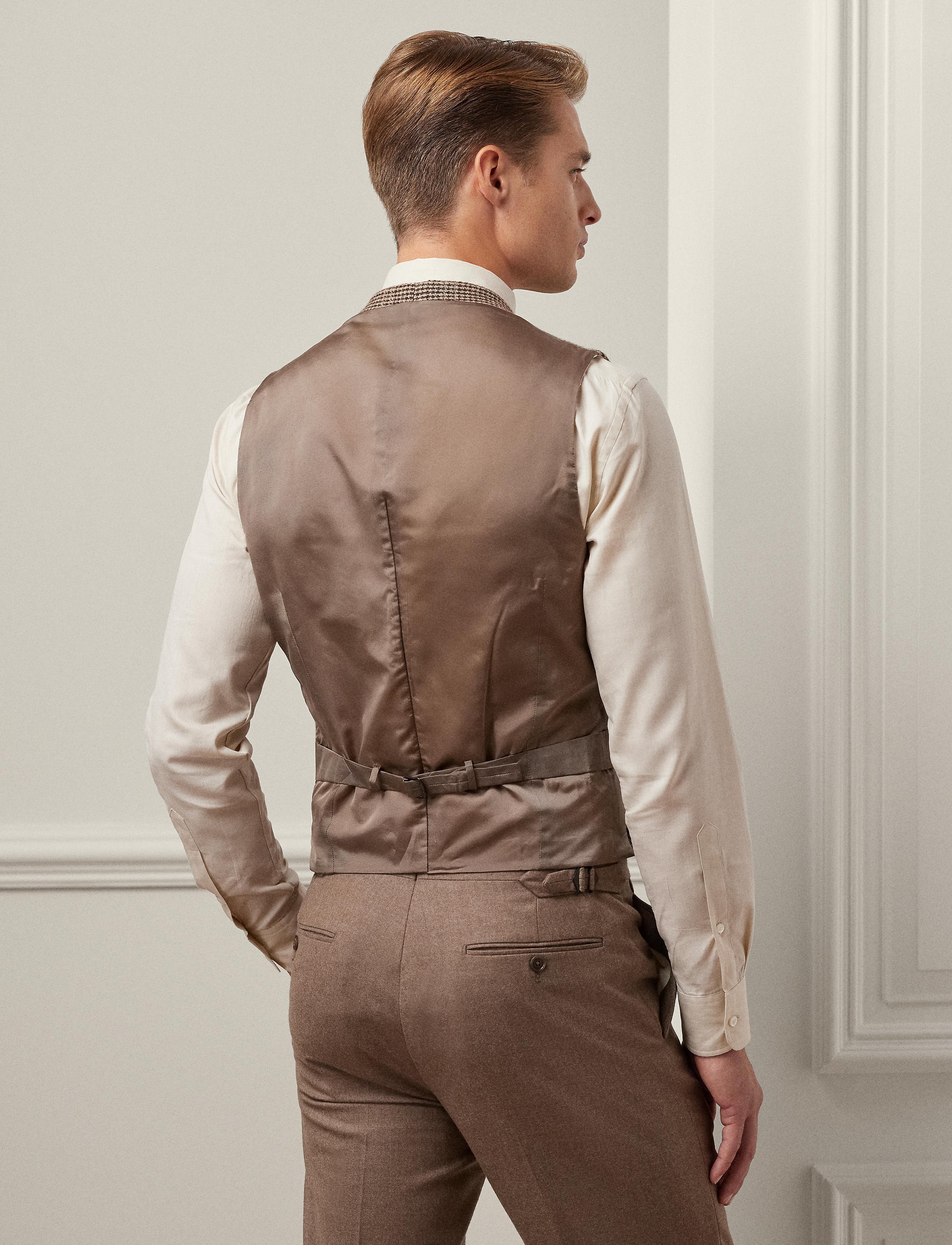 Gilet fait main à motif pied-de-poule en lin - Taupe Multi & Blue Deco