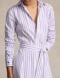 Belted cotton striped shirt-dress - White & Purple