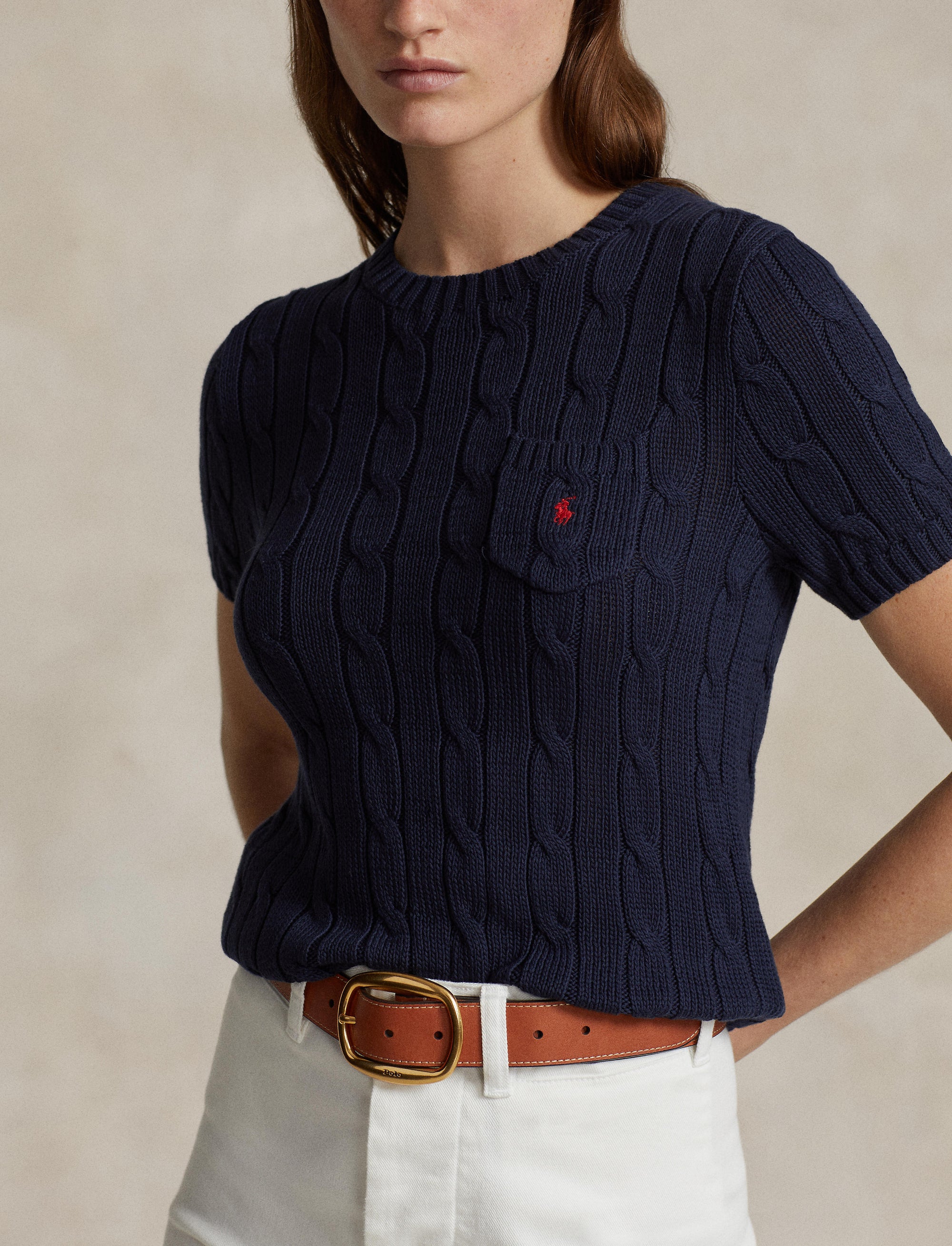 Pull torsadé à manches courtes en coton - Hunter Navy