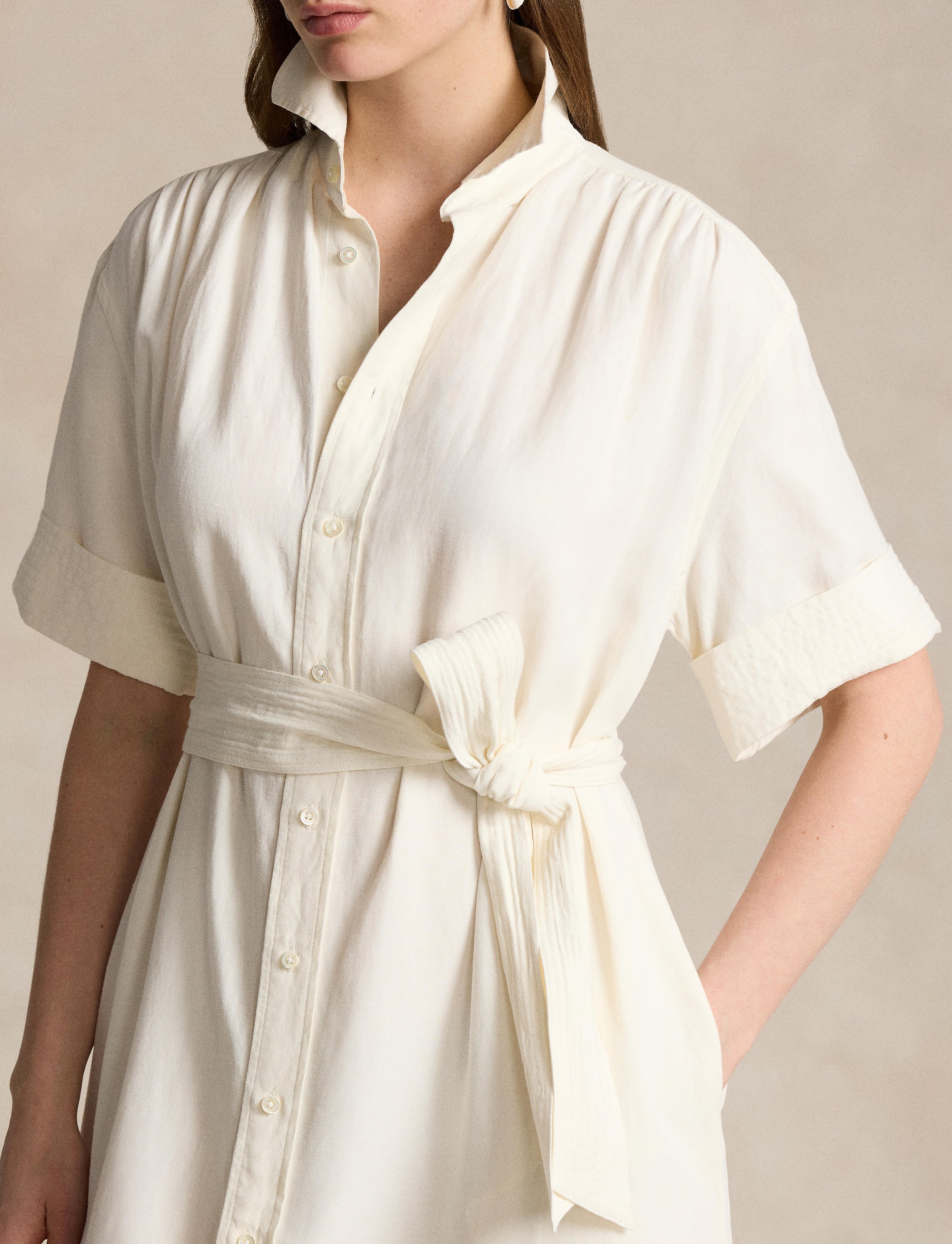 Robe-chemise ceinturée en soie et mélangé - Antique Cream