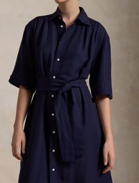 Belted silk and blended shirt-dress - New Navy