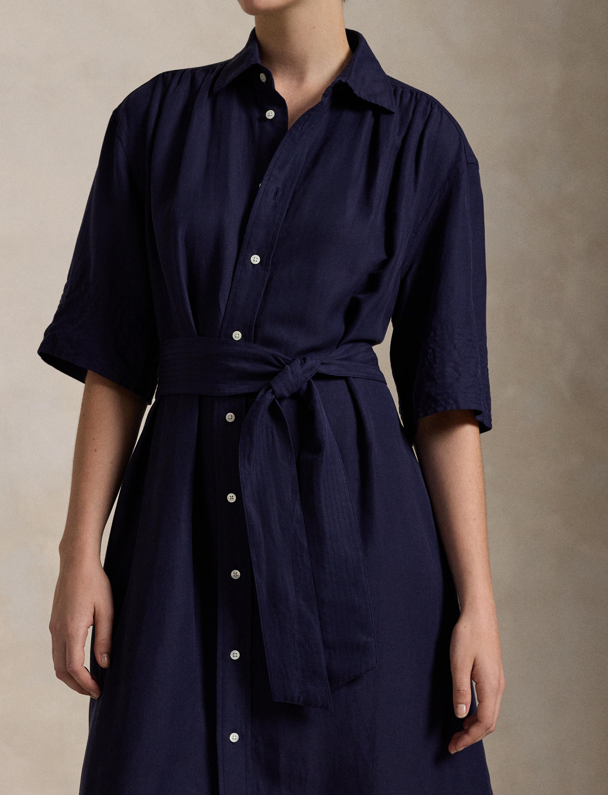 Belted silk and blended shirt-dress - New Navy