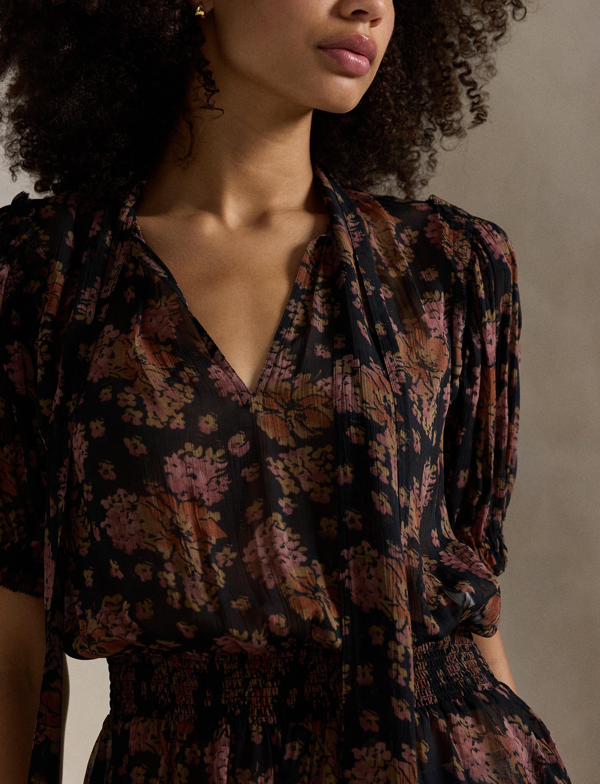 Basque blouse in floral georgette - Sunset Bloom