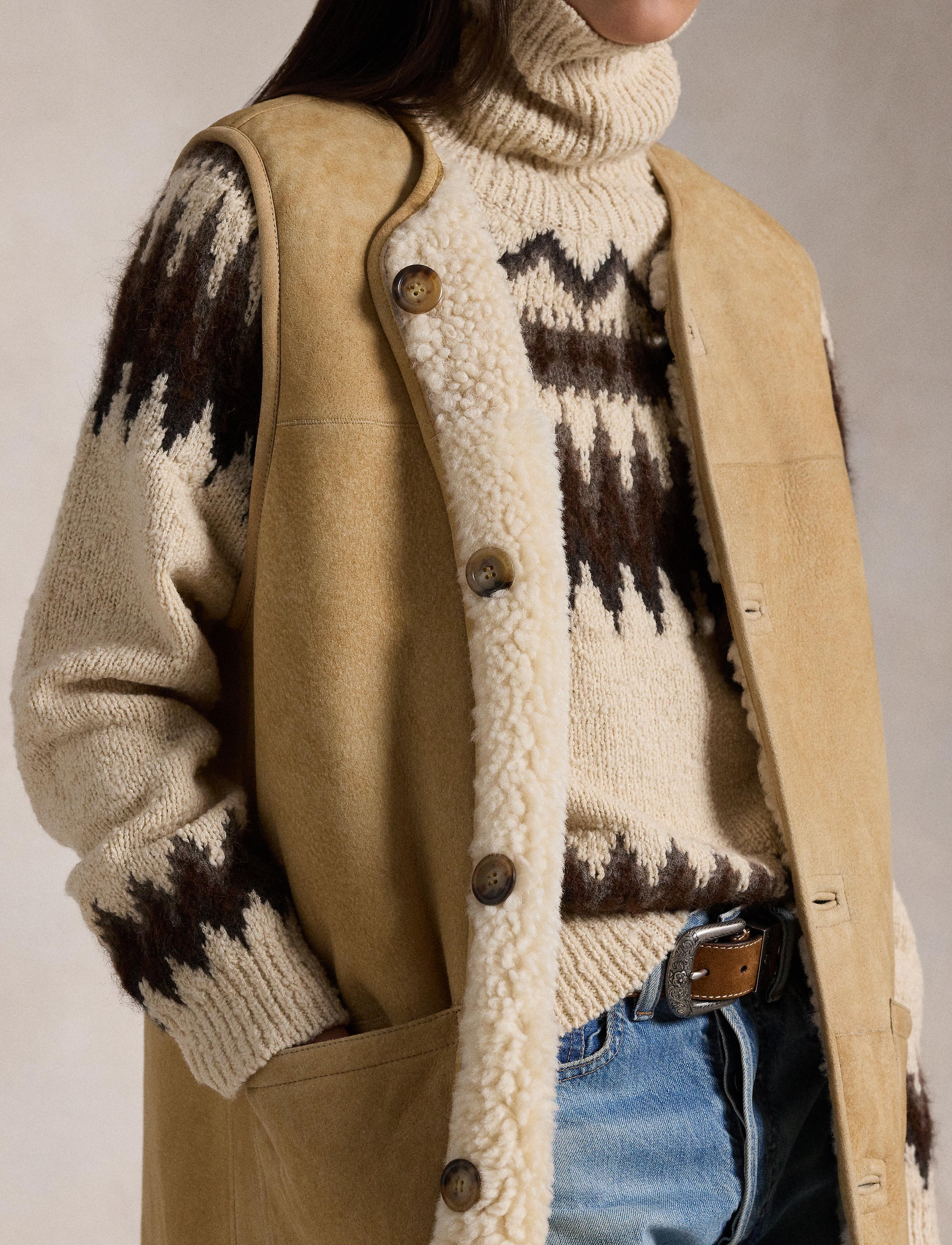 Reversible wool waistcoat - Vintage Saddle-Cream