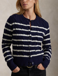Cardigan rayé torsadé en laine et cachemire mélangé - Hunter Navy & Authentic Cream