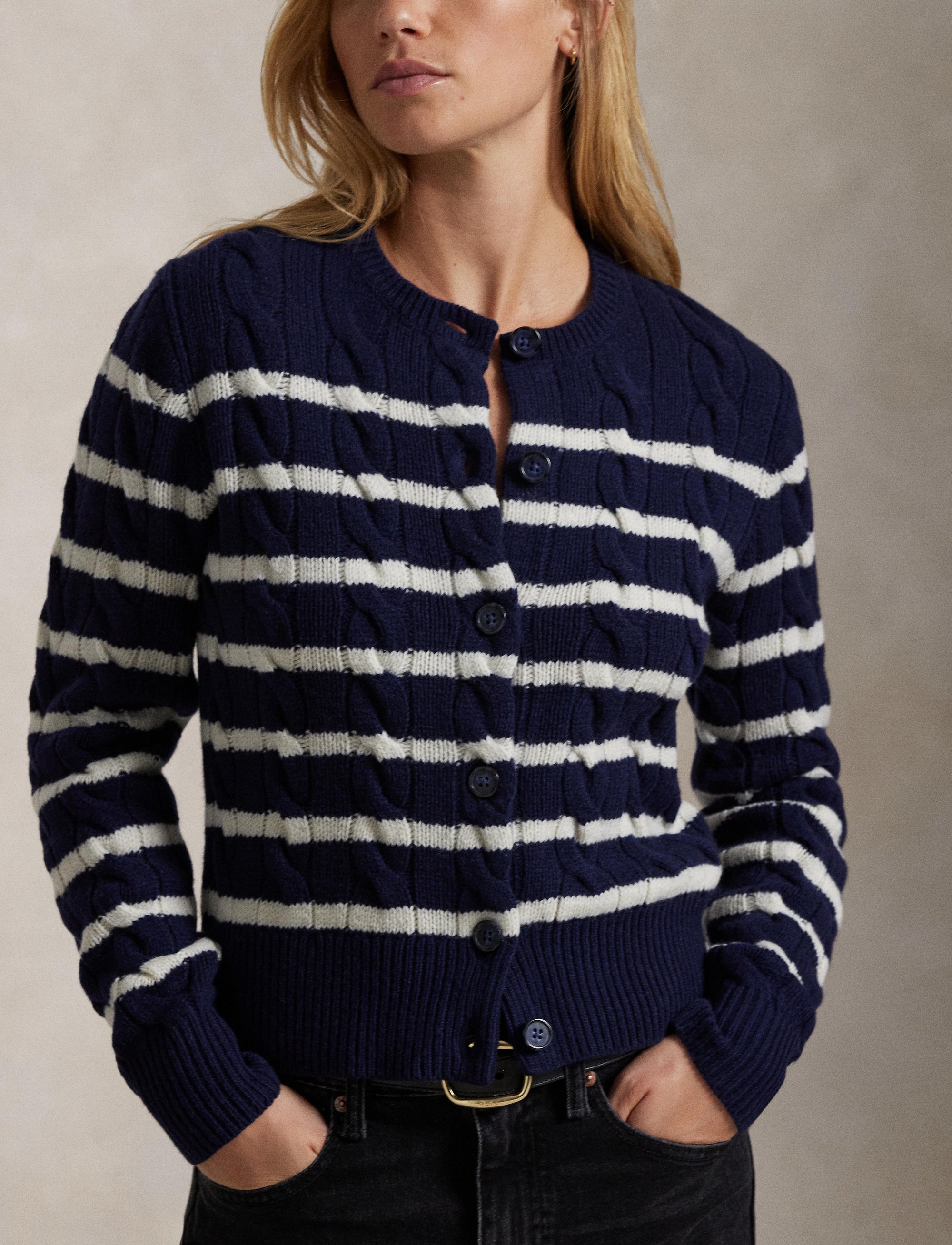 Cardigan rayé torsadé en laine et cachemire mélangé - Hunter Navy & Authentic Cream
