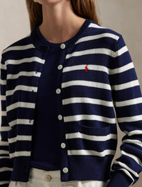 Cardigan rayé à col rond en coton - Navy, White & Multicolore
