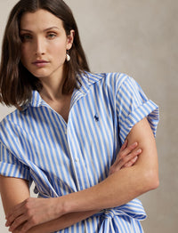 Robe-chemise ceinturée en coton rayé  - Blue & White Stripe