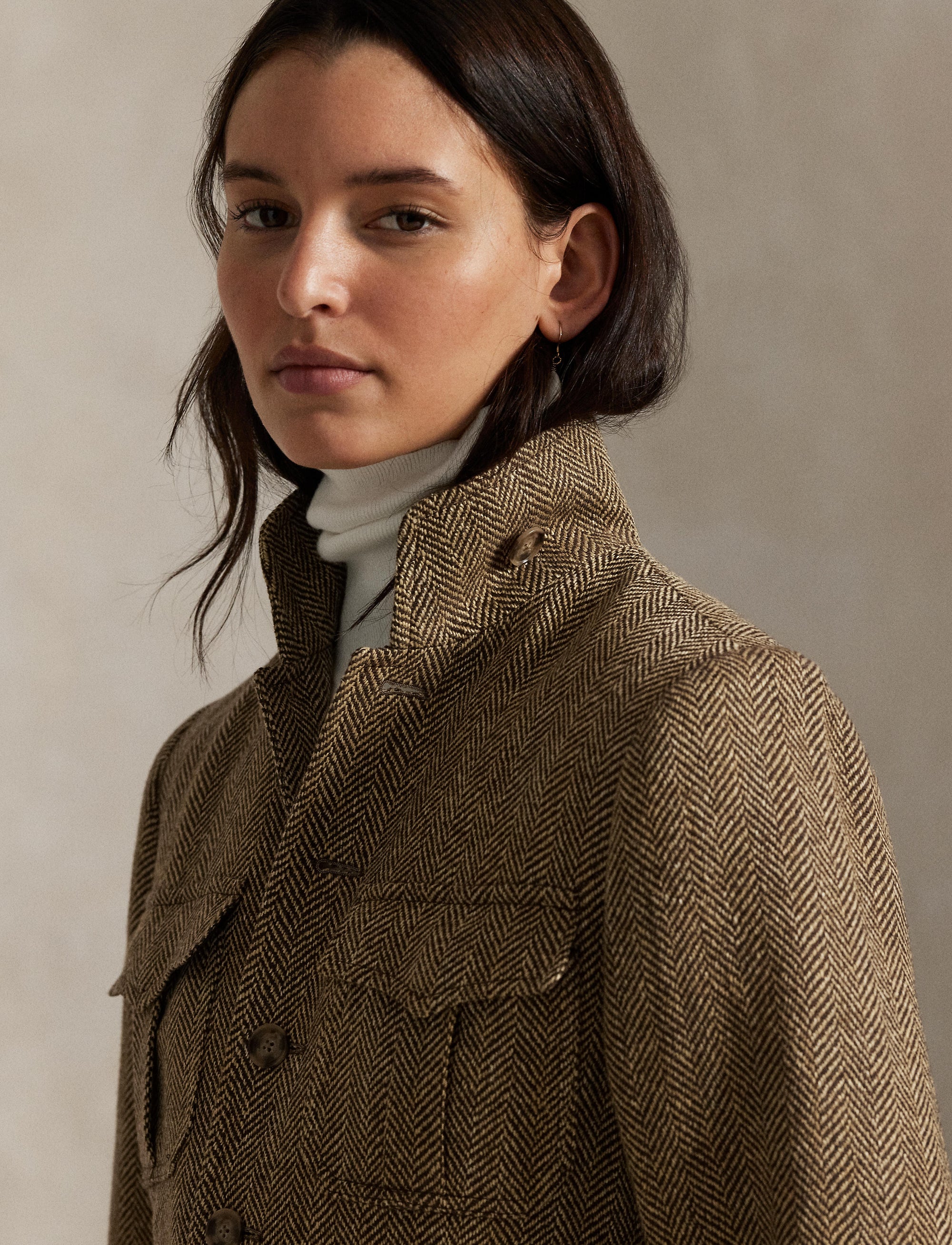 Linen and silk blend herringbone mock neck jacket - Brown & Cream Herringbone