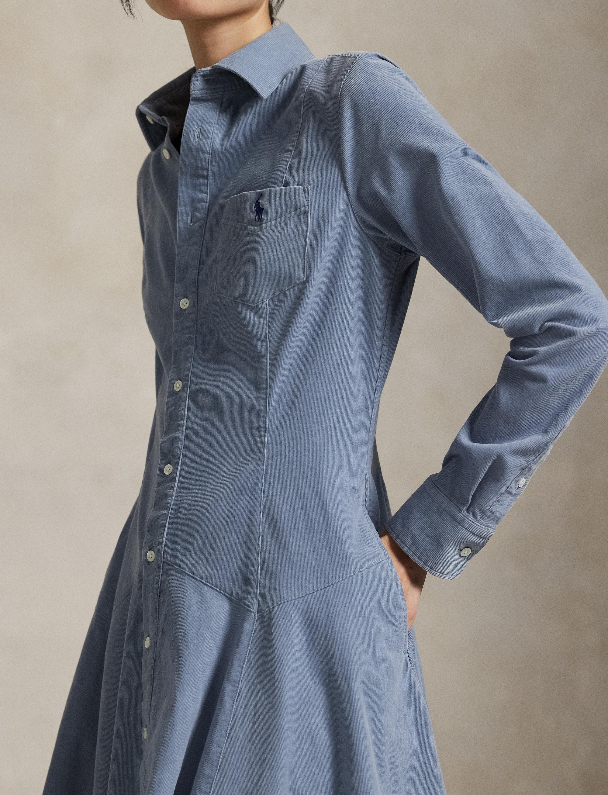 Robe-chemise trapèze en velours côtelé - Blue