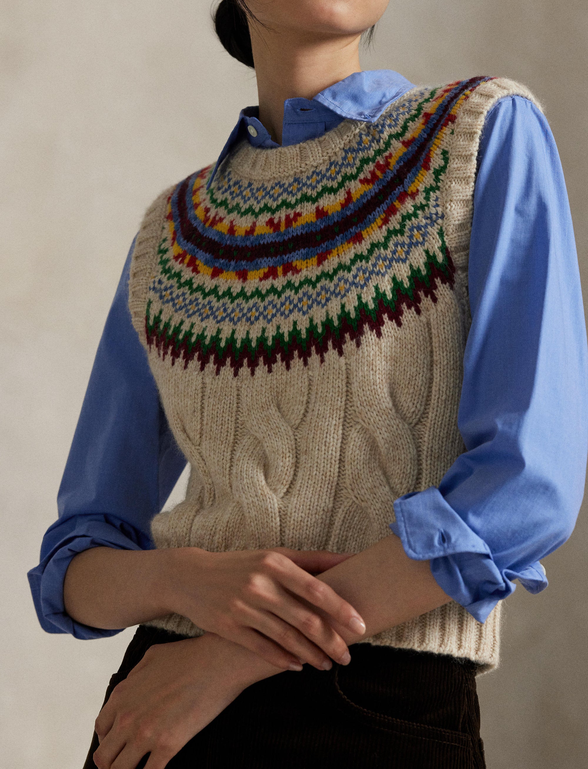 Tank jumper with Fair Isle yoke - Tan & Multicolour