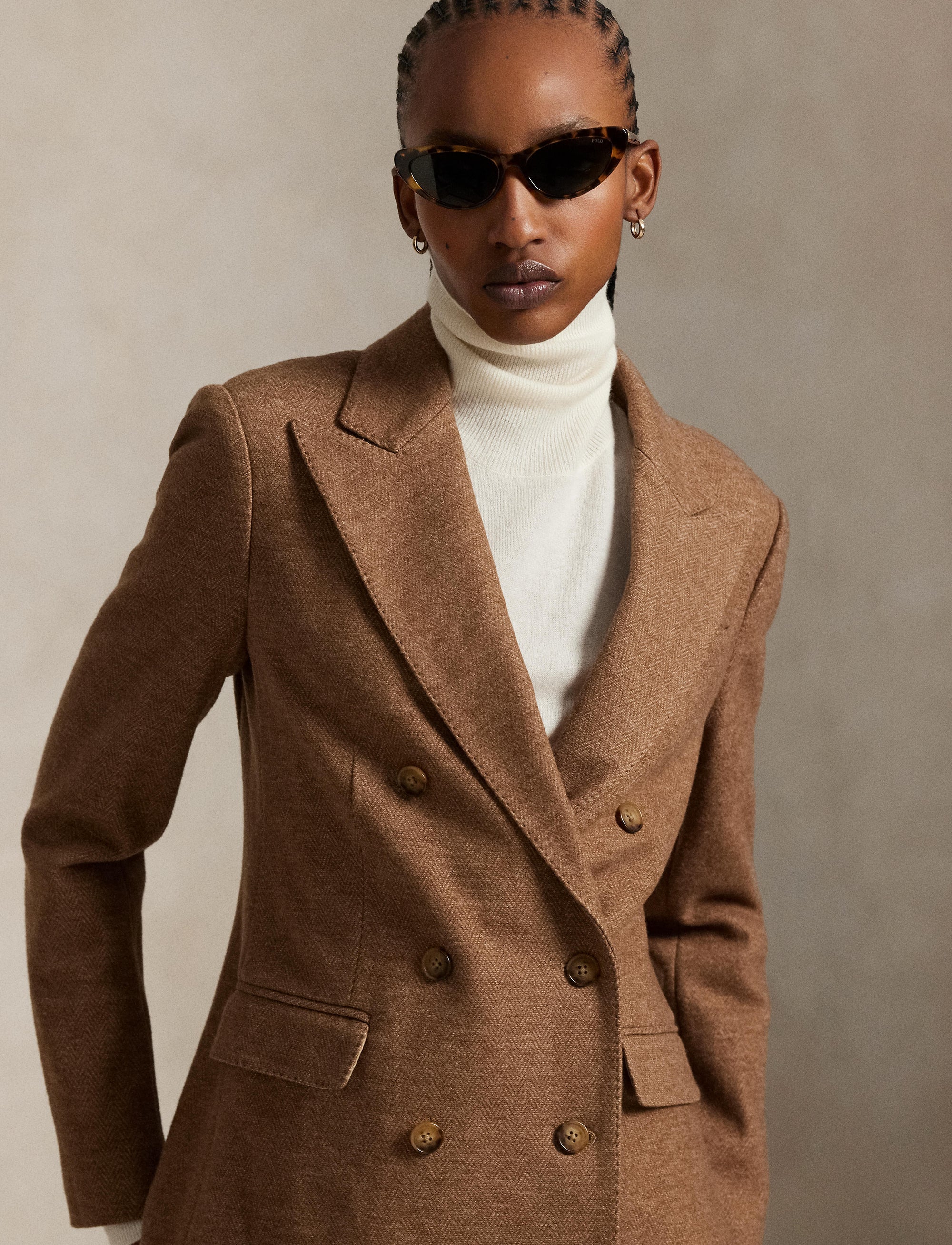 Blazer croisé à chevrons en laine - Tan Herringbone