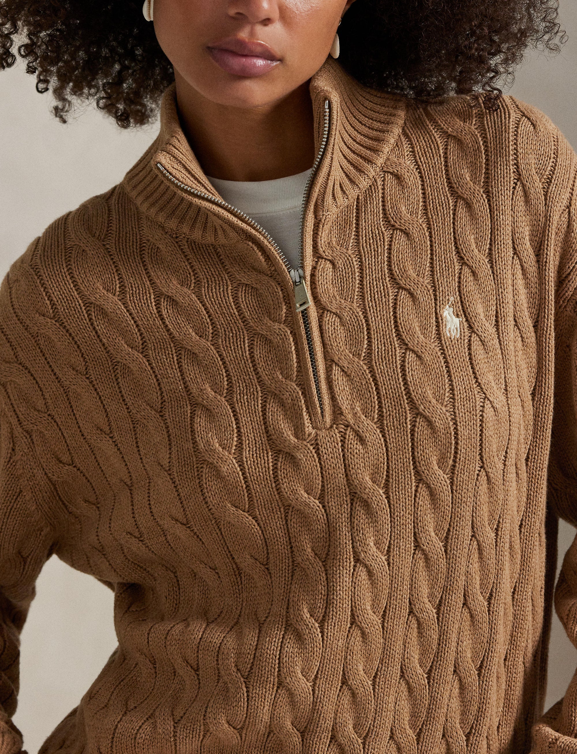 Pull demi-zippé et torsadé en coton - Collection Camel Melange