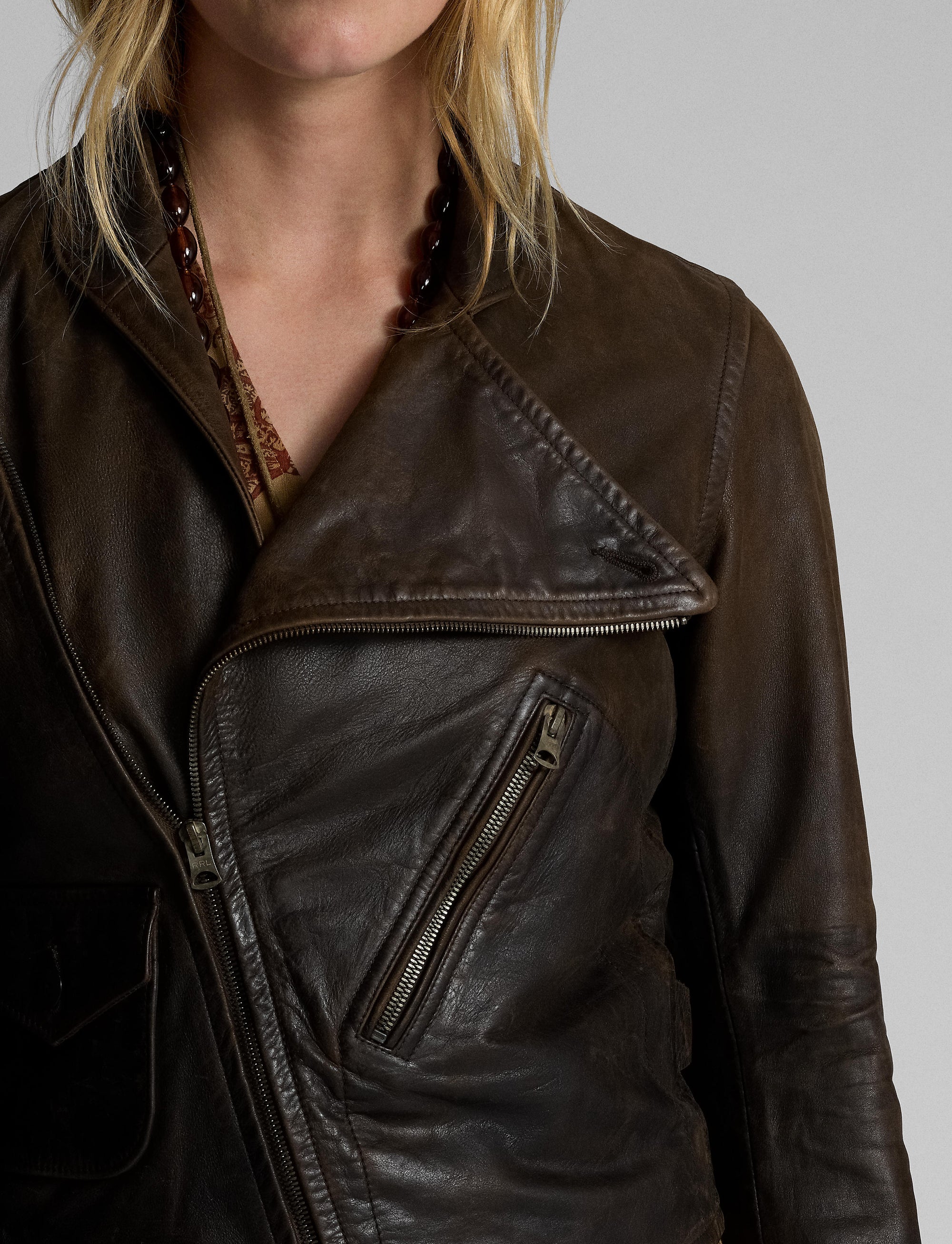 Veste moto en cuir - Dark Sepia