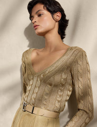Pull col en V torsadé en soie - Lux Tan