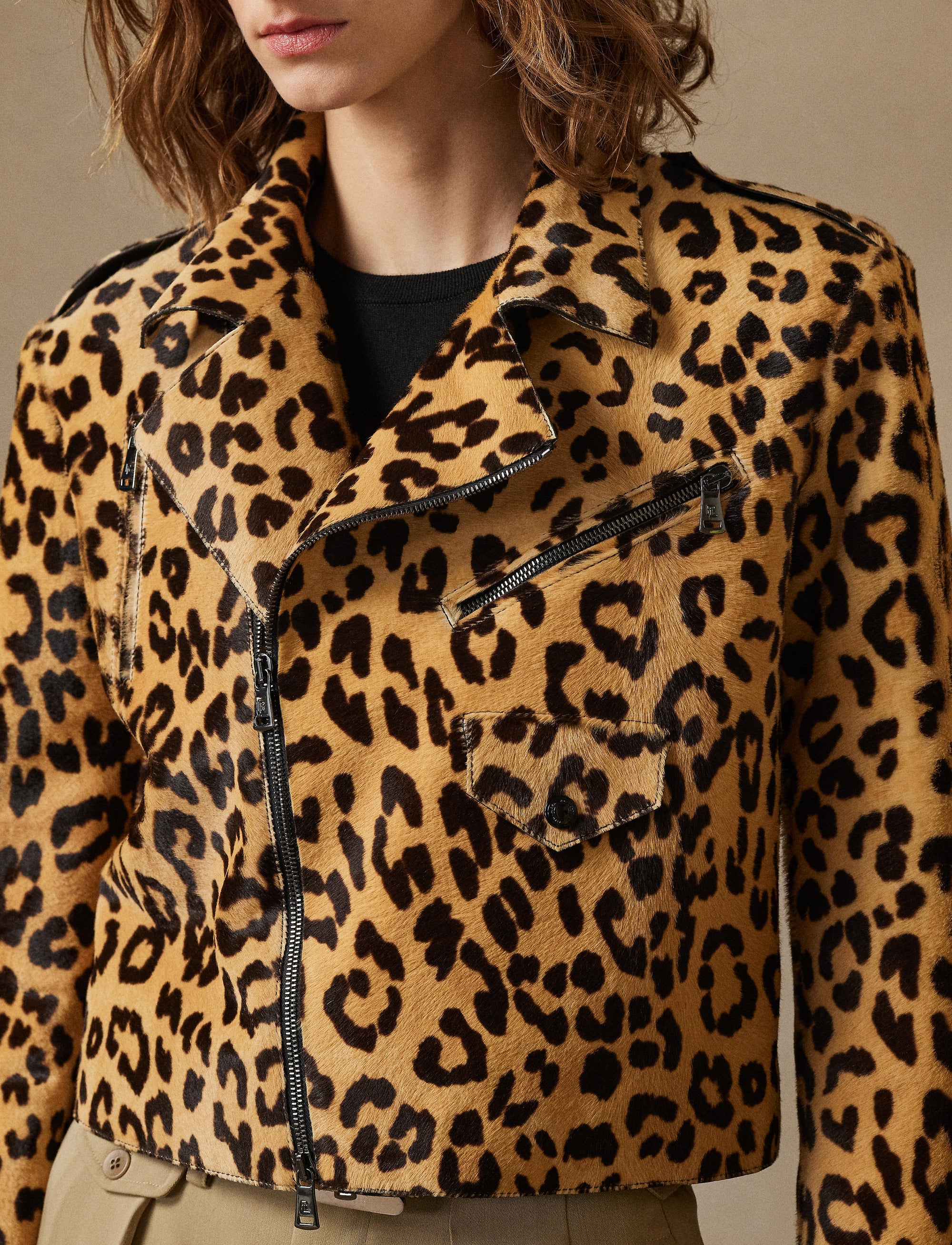 Veste Bevelyn motif léopard en cuir - Tan, Black & Cream