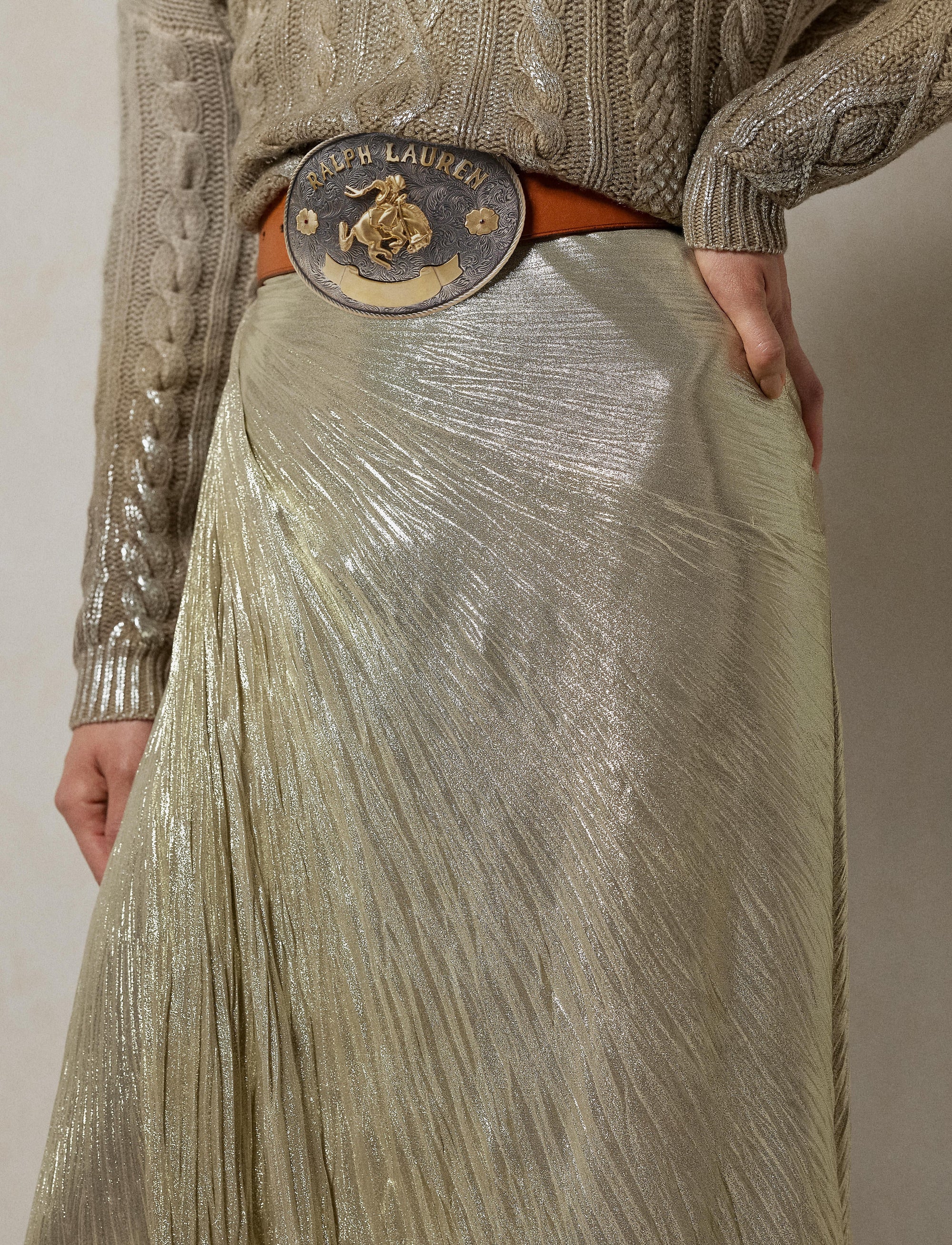 Metallic pleated Duvall skirt - Quartz Tan