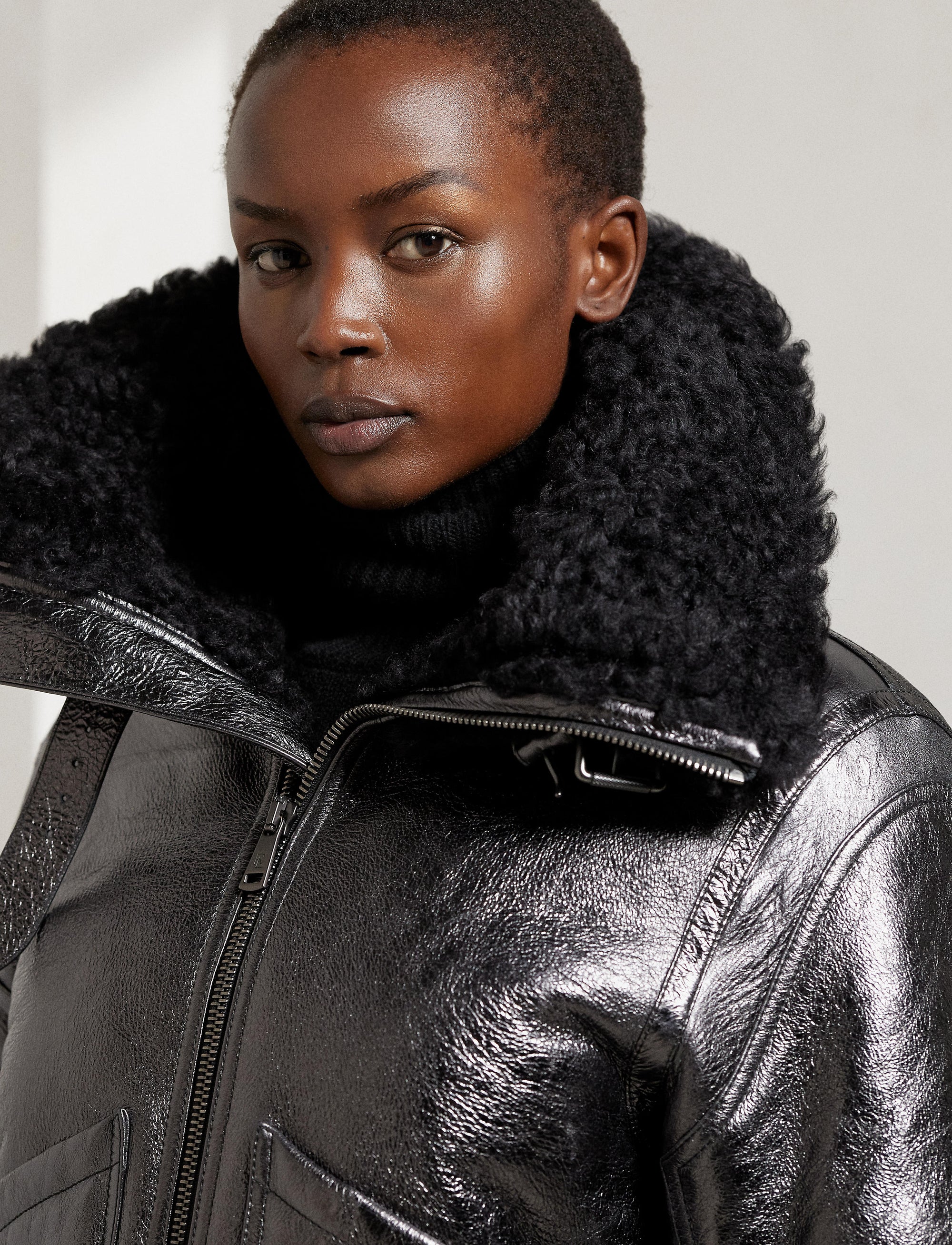Veste motard Etienette à fermetures zippées en cuir - Gunmetal & Black