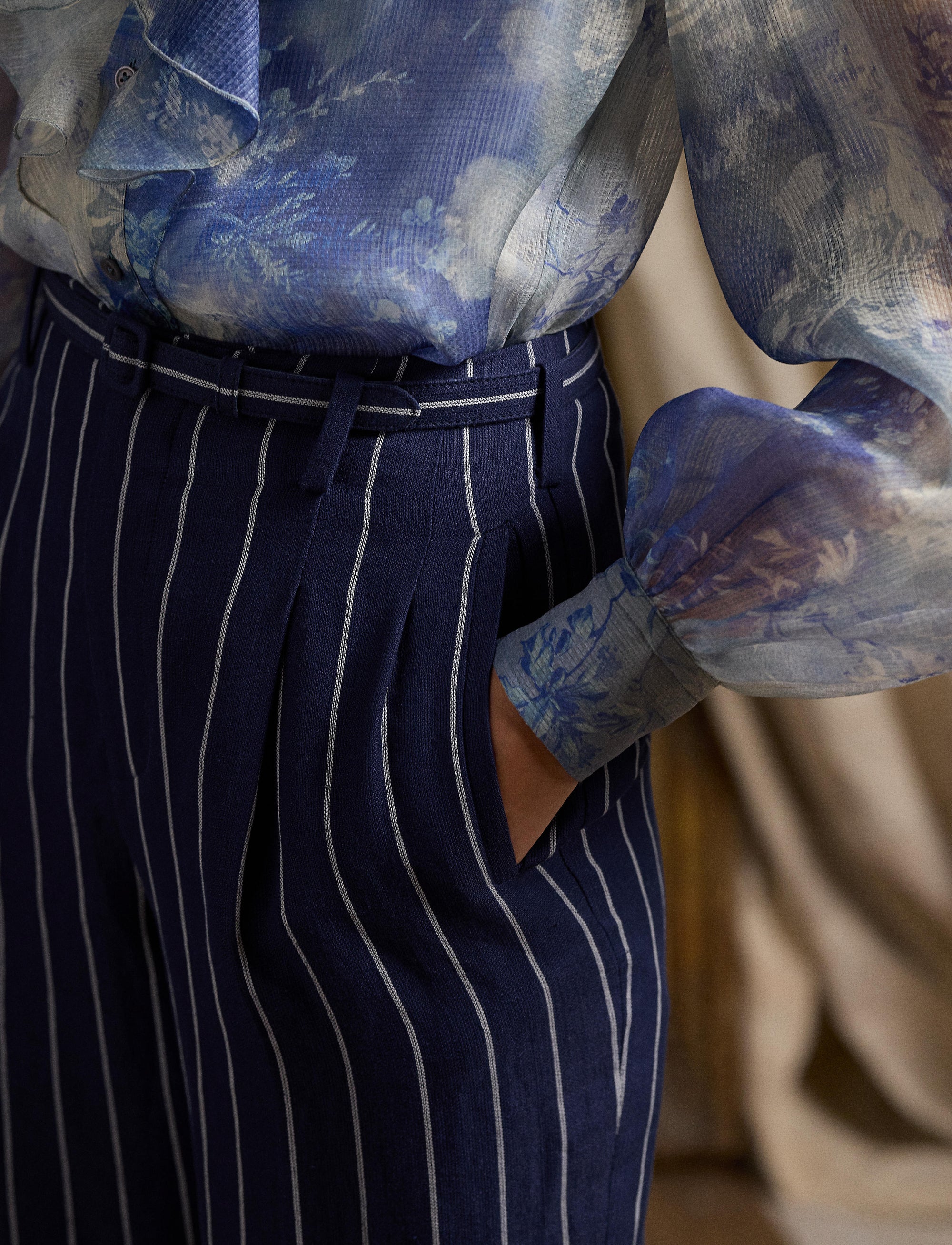 Pantalon rayé Stamford en lin et coton - Lux Navy & Cream