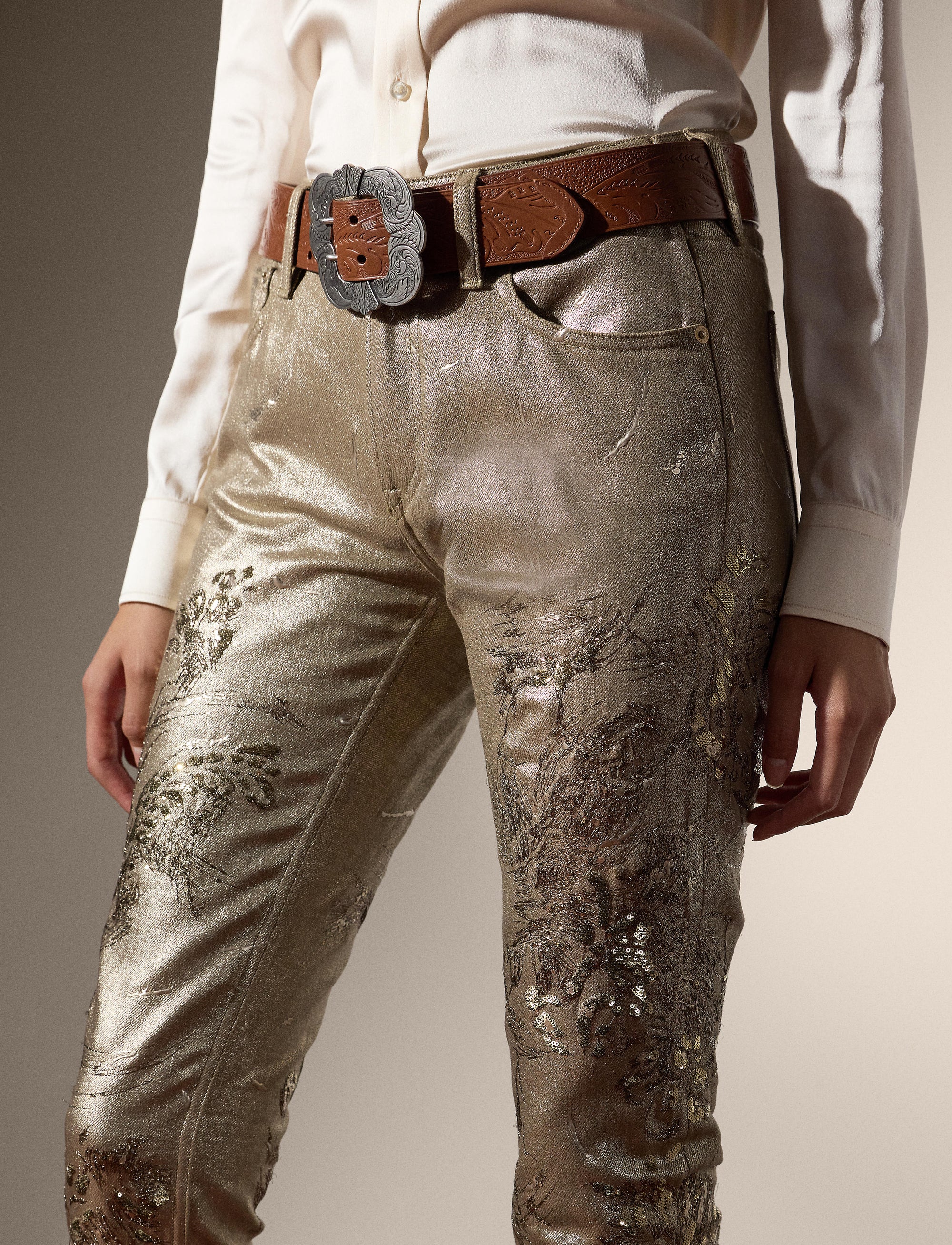 160 denim slim jeans with decoration - Champagne