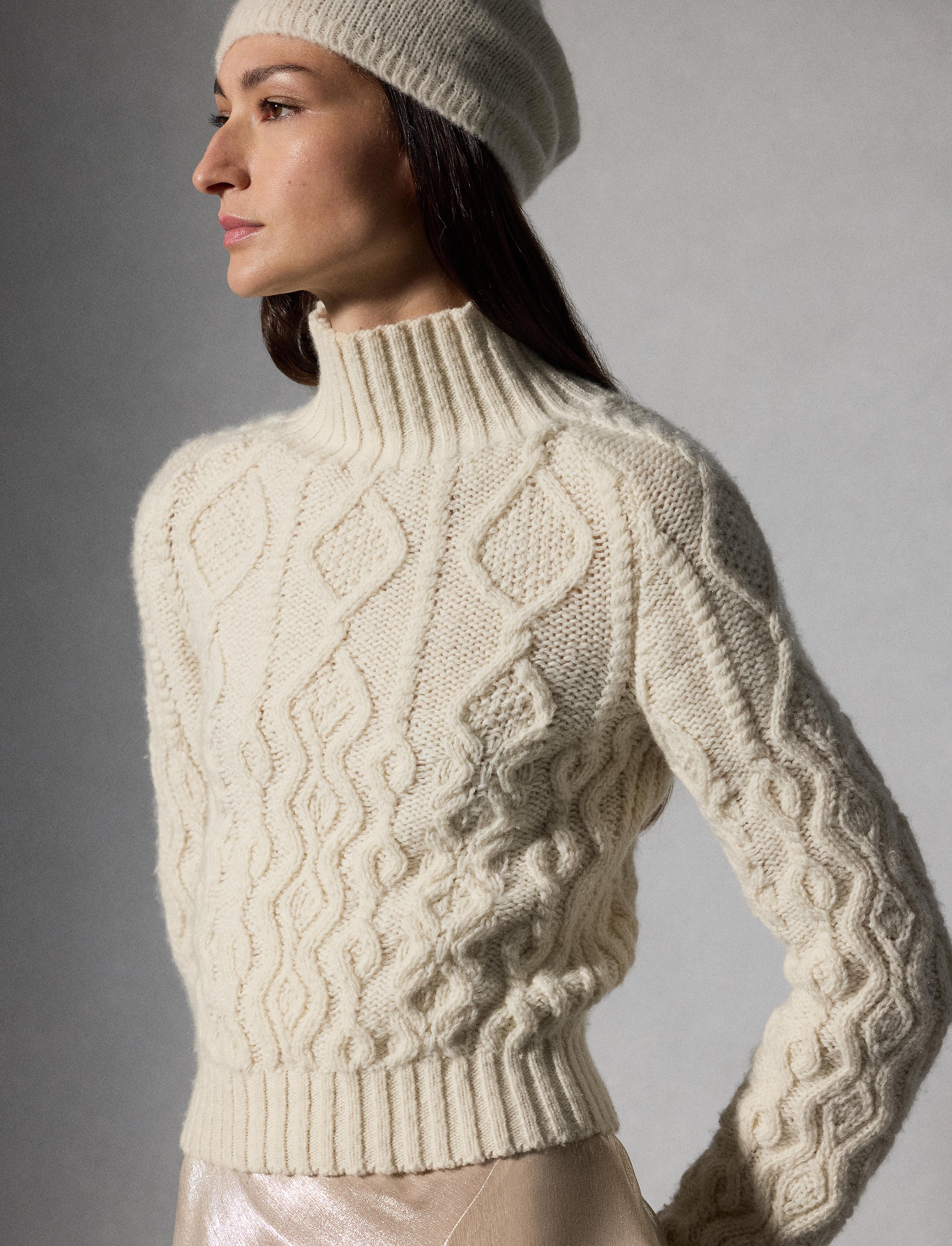 Aran cashmere knitted funnel neck jumper - Classic Cream