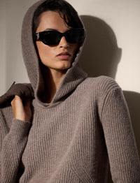 Wool and cashmere blend ribbed hoodie - Light Truffle Melange